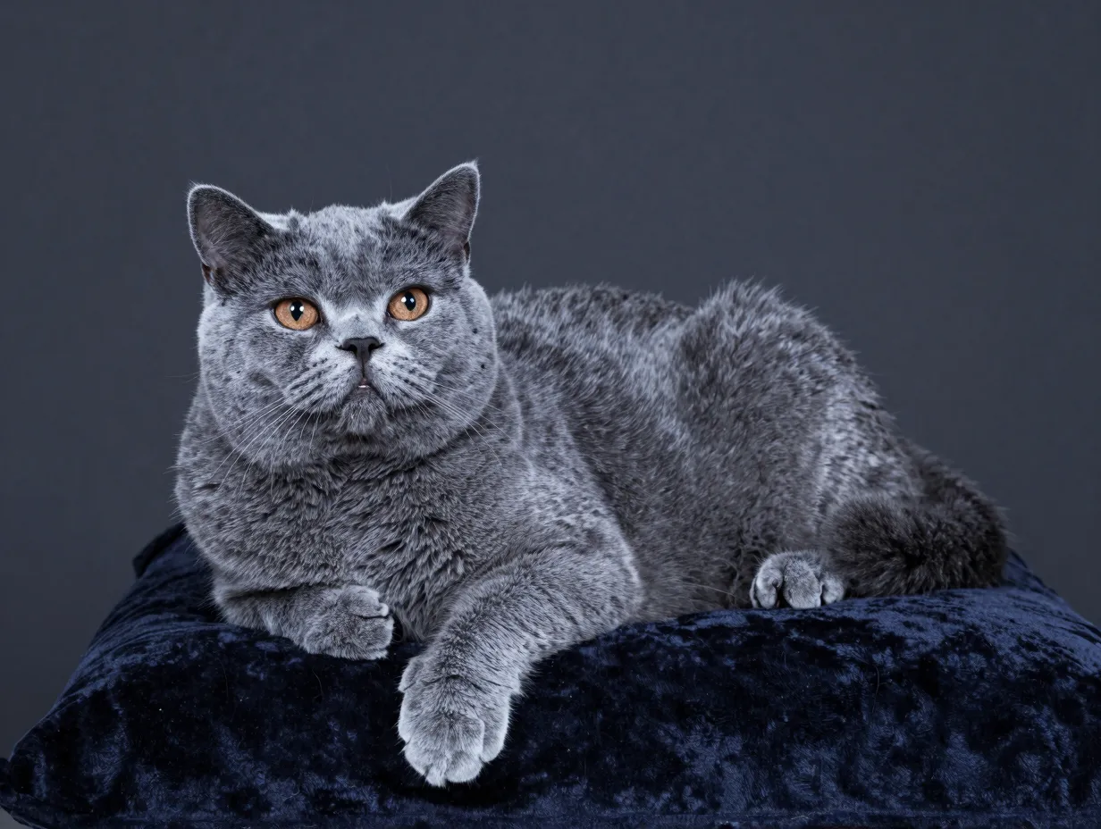 Serene russian blue persian mix cat lounging on a velvet cushion