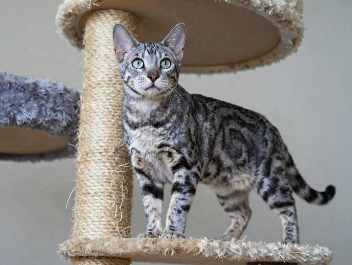 Athletic russian blue bengal mix cat perched on a cat tree