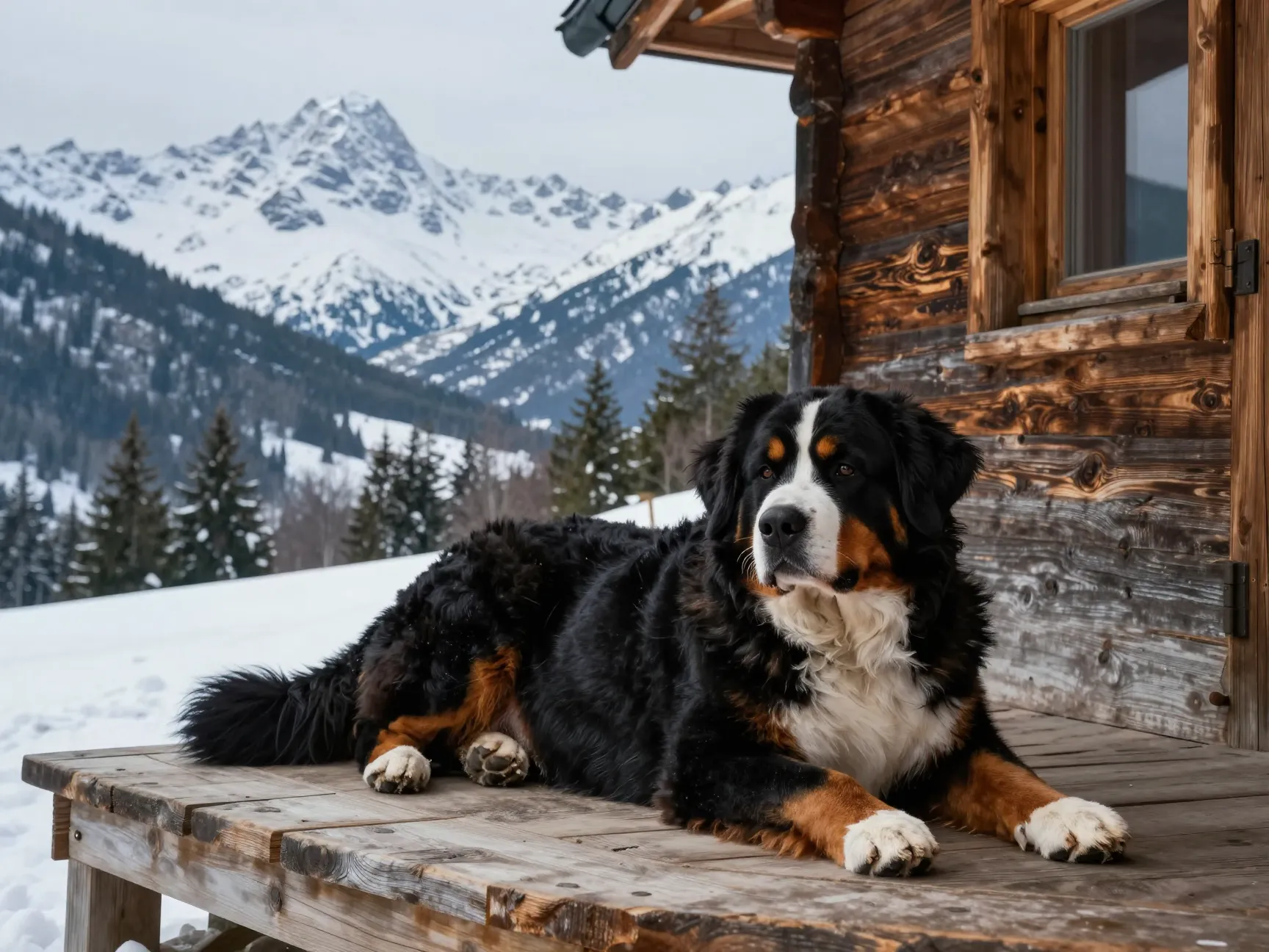 Bernese mountain dog gentle giant rests by mountain cabin