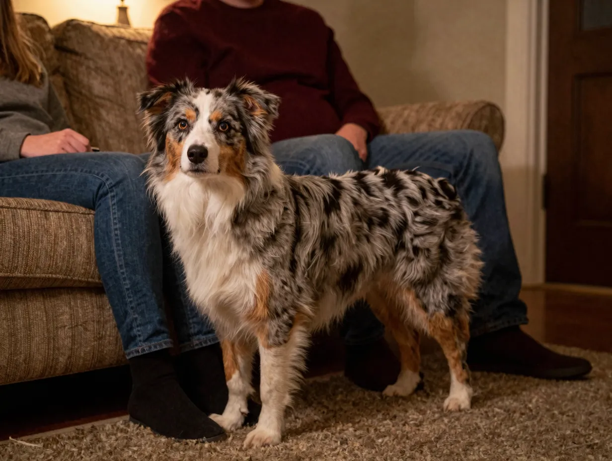 Loyal dog standing protectively beside family member on couch