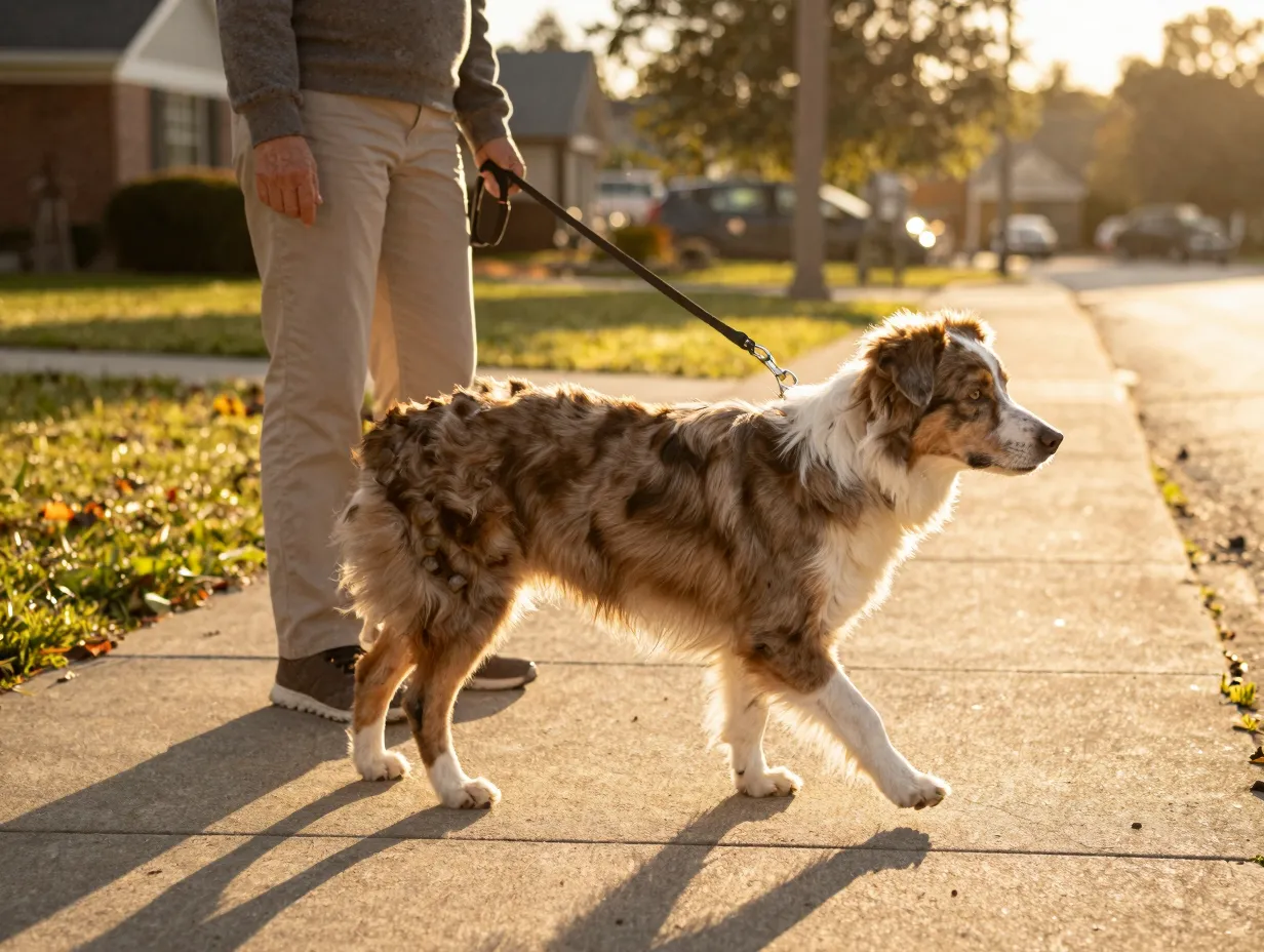 Healthy senior dog walking with owner during golden hour