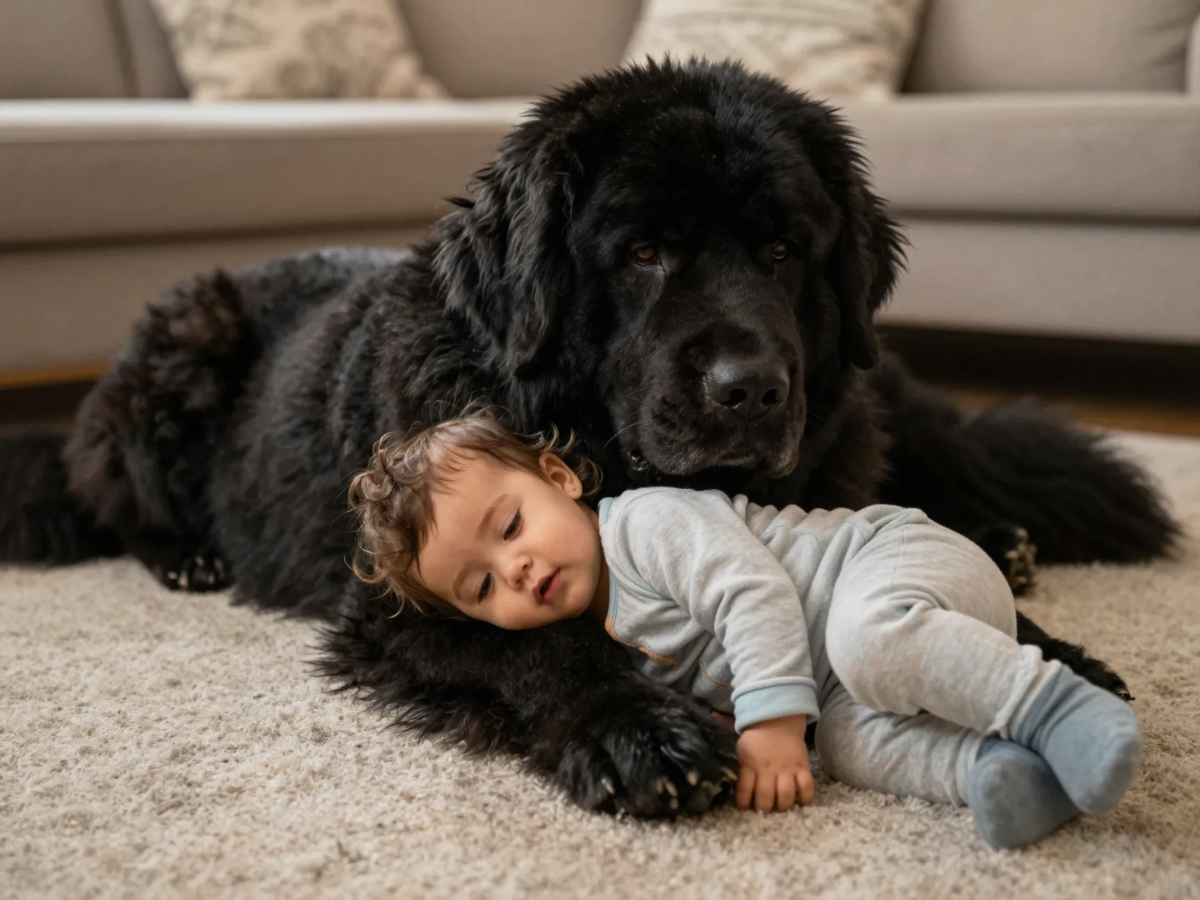Newfoundland nanny dog gently interacts with toddler indoors