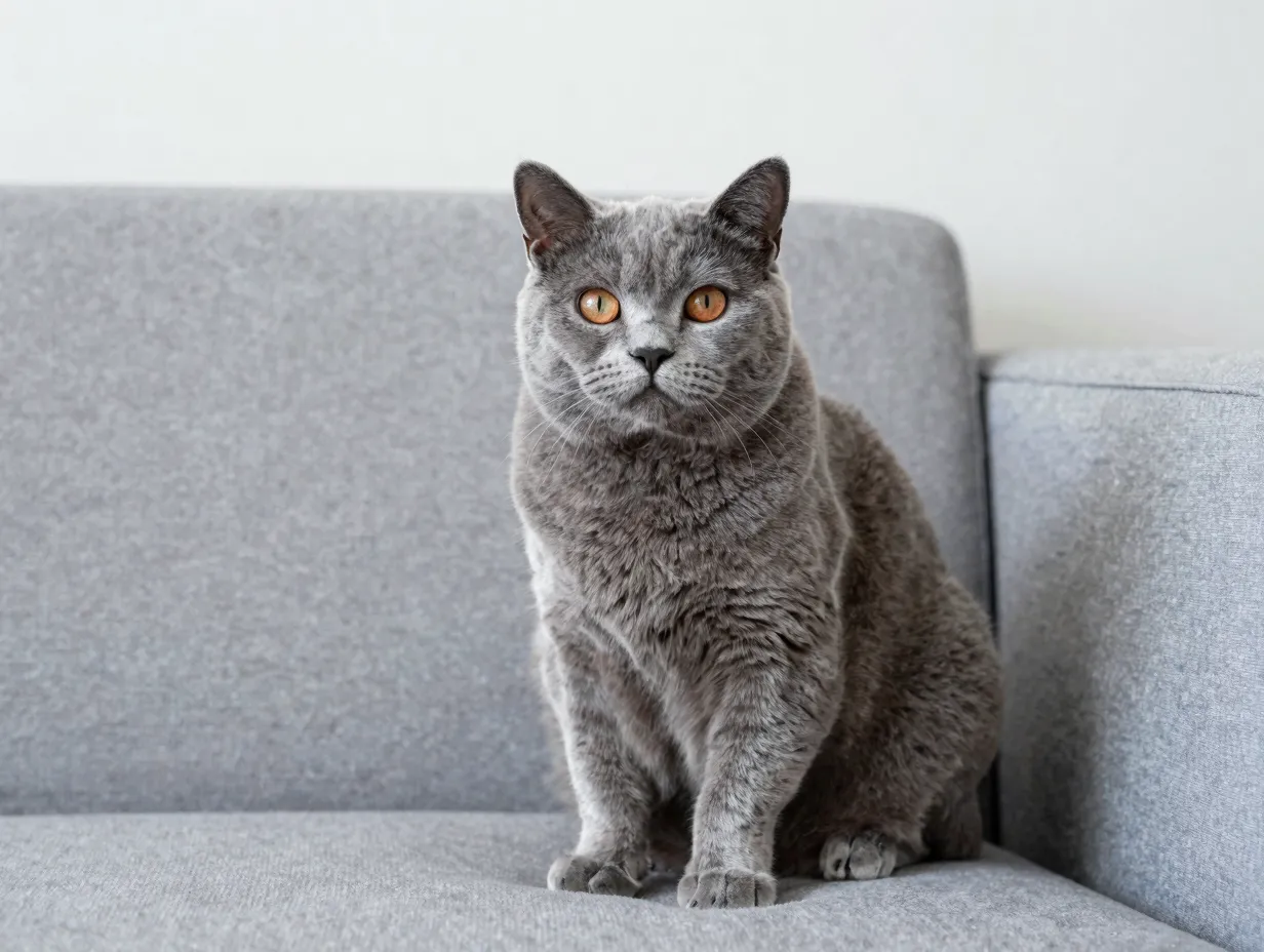 Plush russian blue british shorthair mix cat on a modern sofa