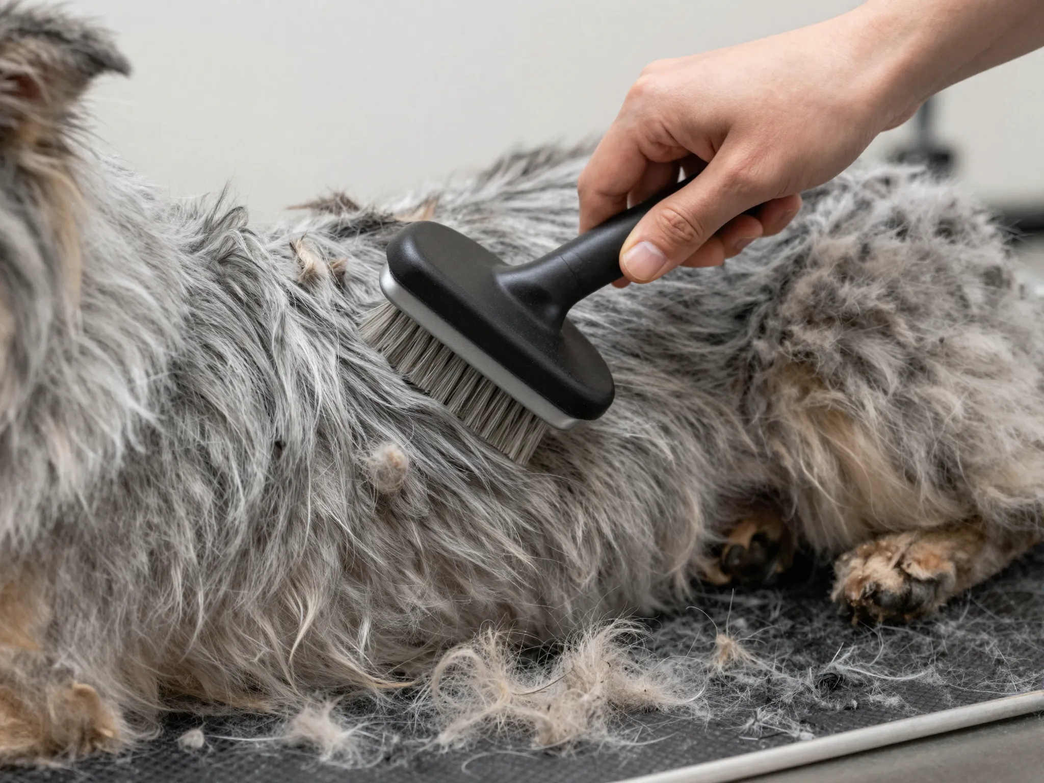 Detailed grooming session brushing a double coated dog
