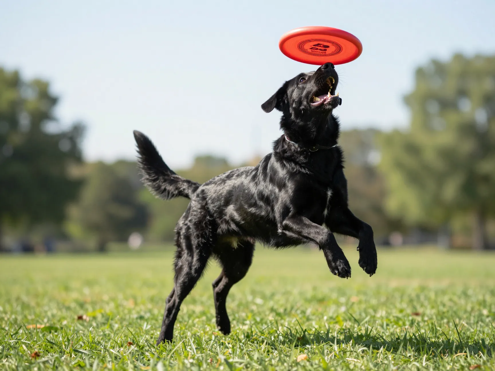 Flat coated retriever cheerful dog plays fetch in sunny park