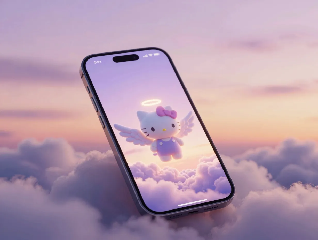 Dreamy pastel clouds hello kitty with angel wings sunset