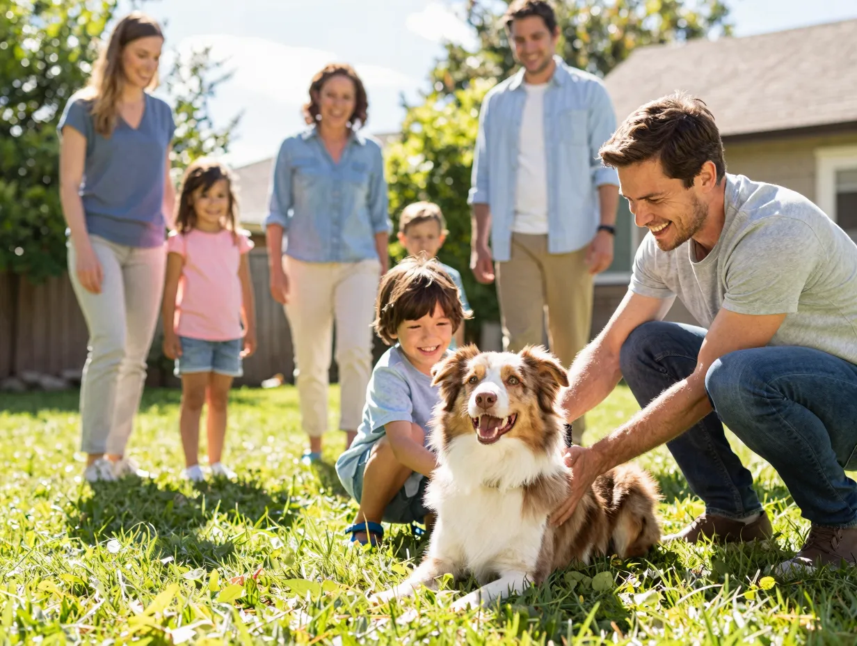 Family playing with happy dog in sunny backyard