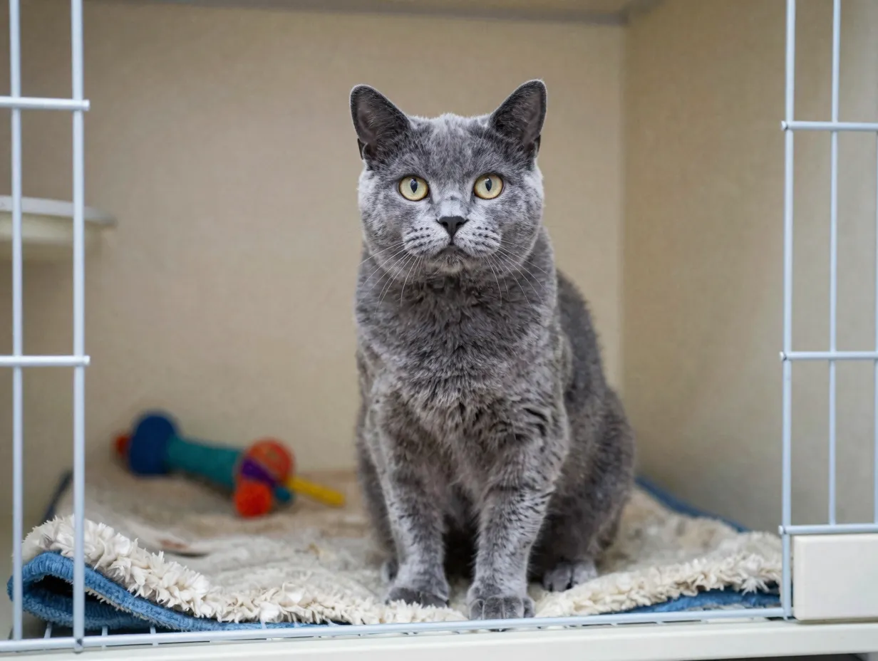 Healthy russian blue domestic shorthair mix cat in a shelter
