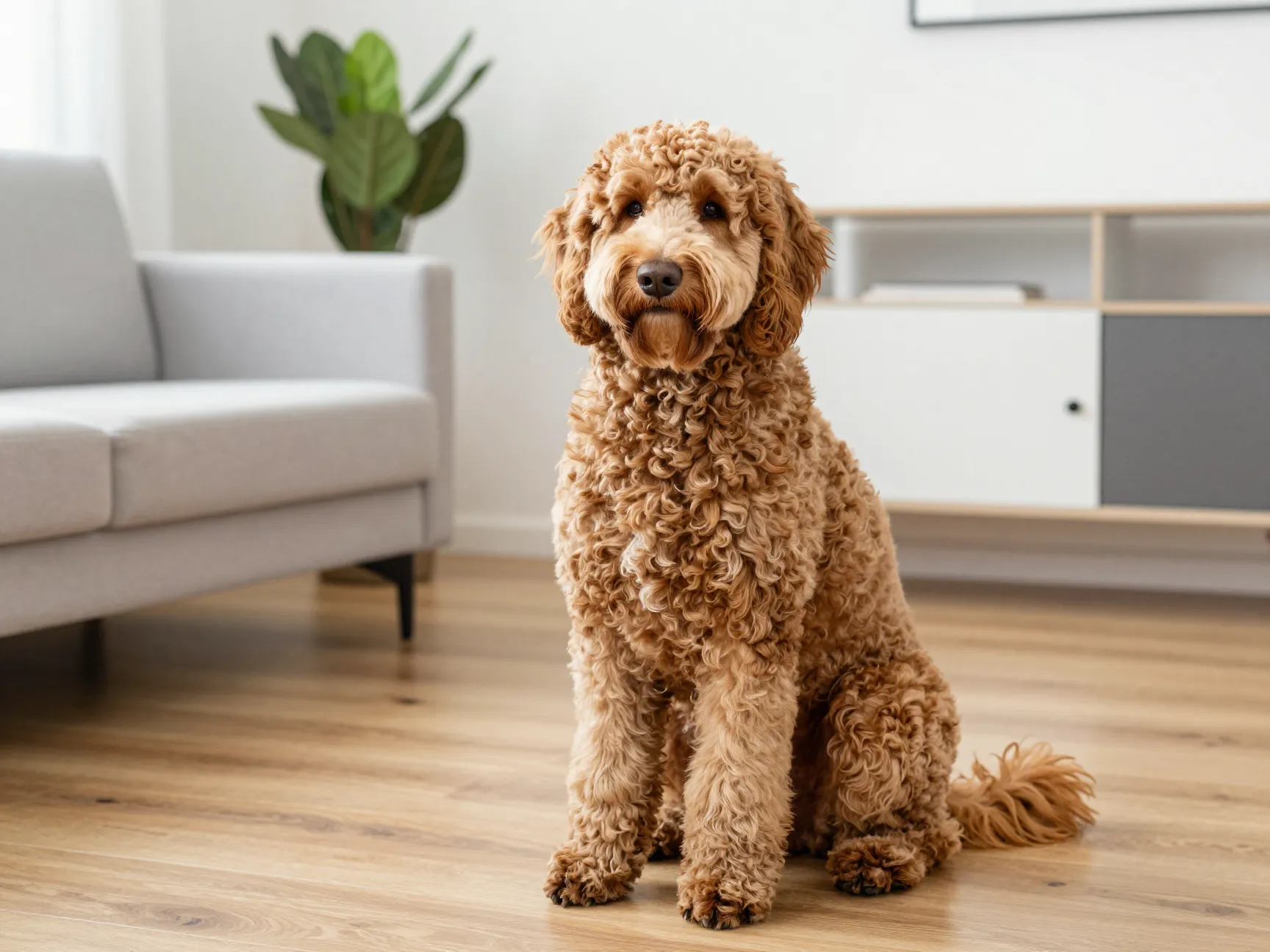 Labradoodle intelligent low shedding dog in modern apartment