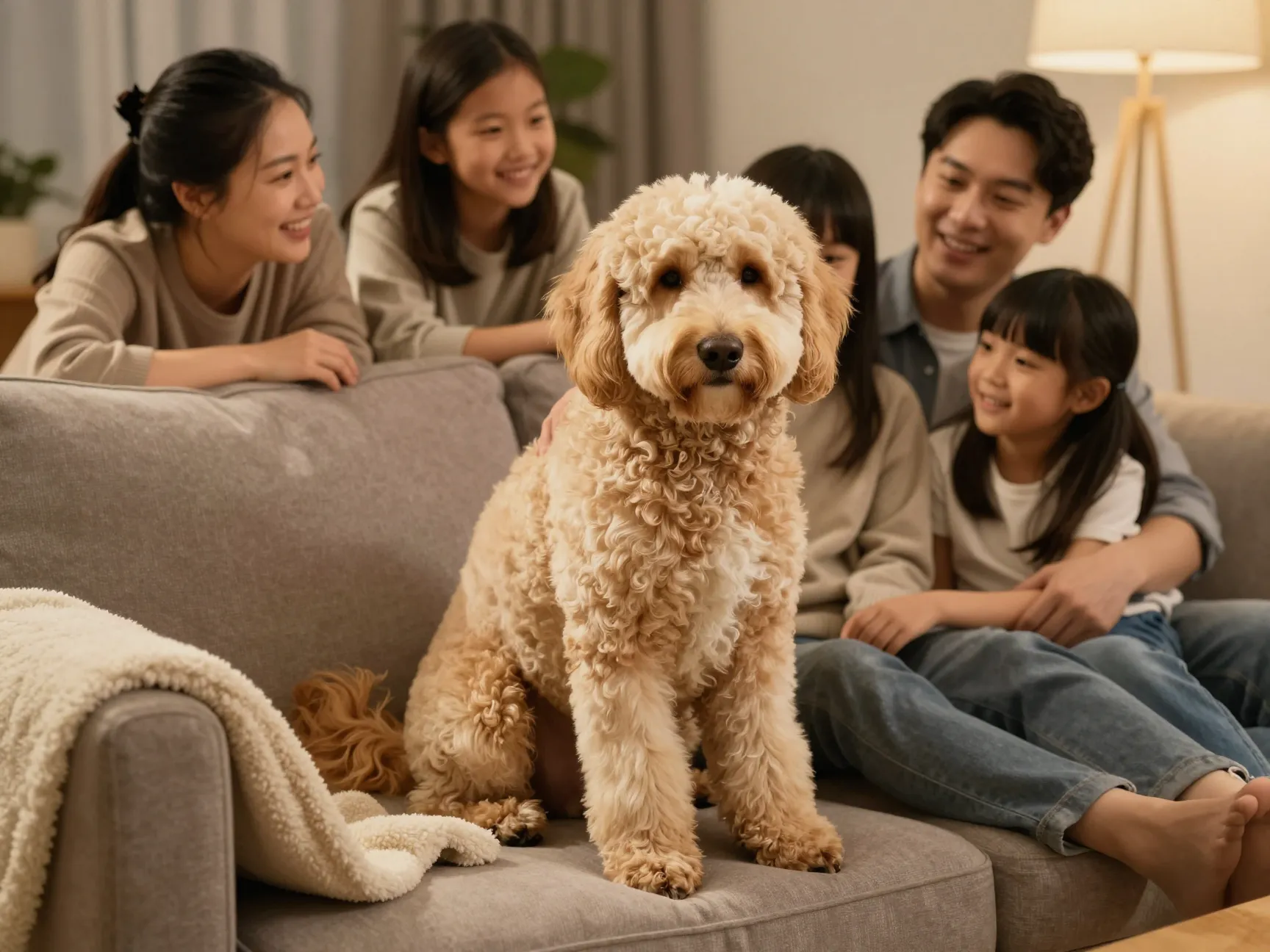 Goldendoodle calm gentle dog sits with family on sofa