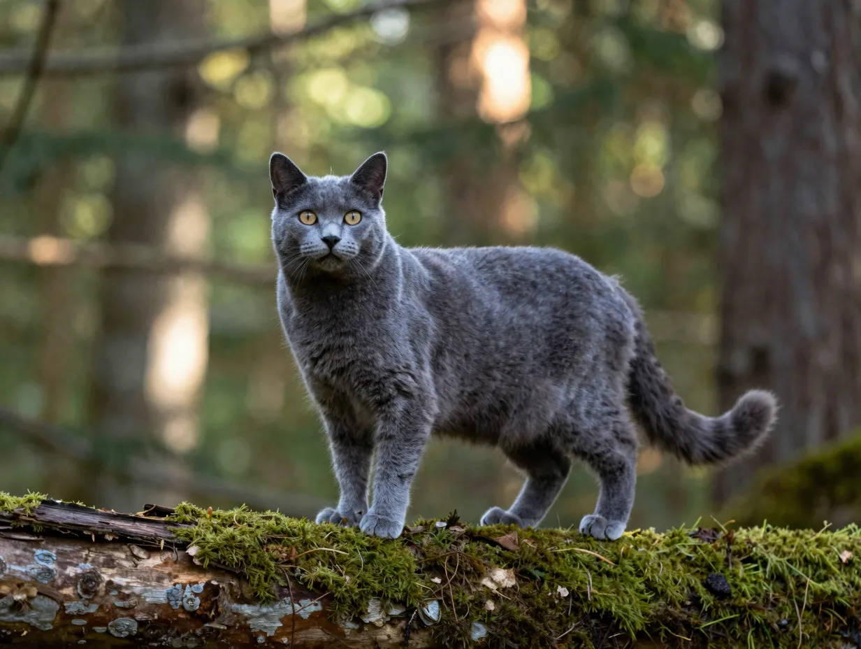 Majestic russian blue norwegian forest mix cat in a forest