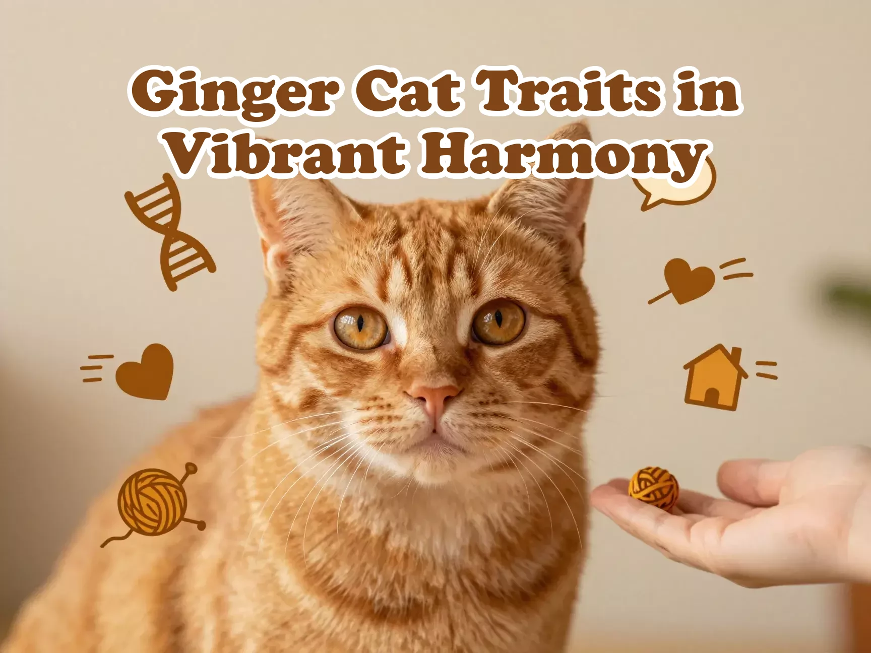 Friendly orange tabby surrounded by trait icons on warm background main