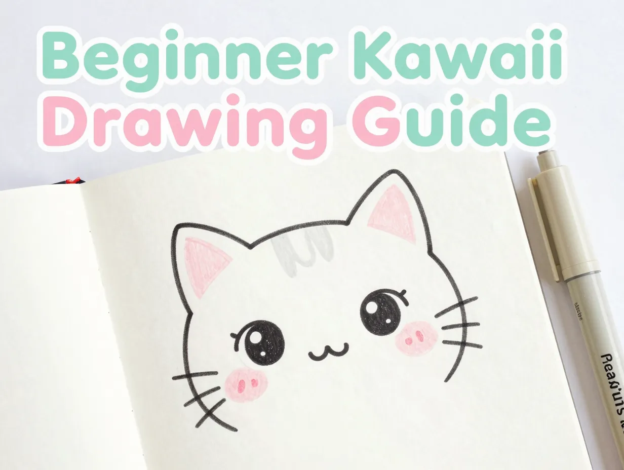 Kawaii cat drawing pencil sketchbook flat lay beginner guide