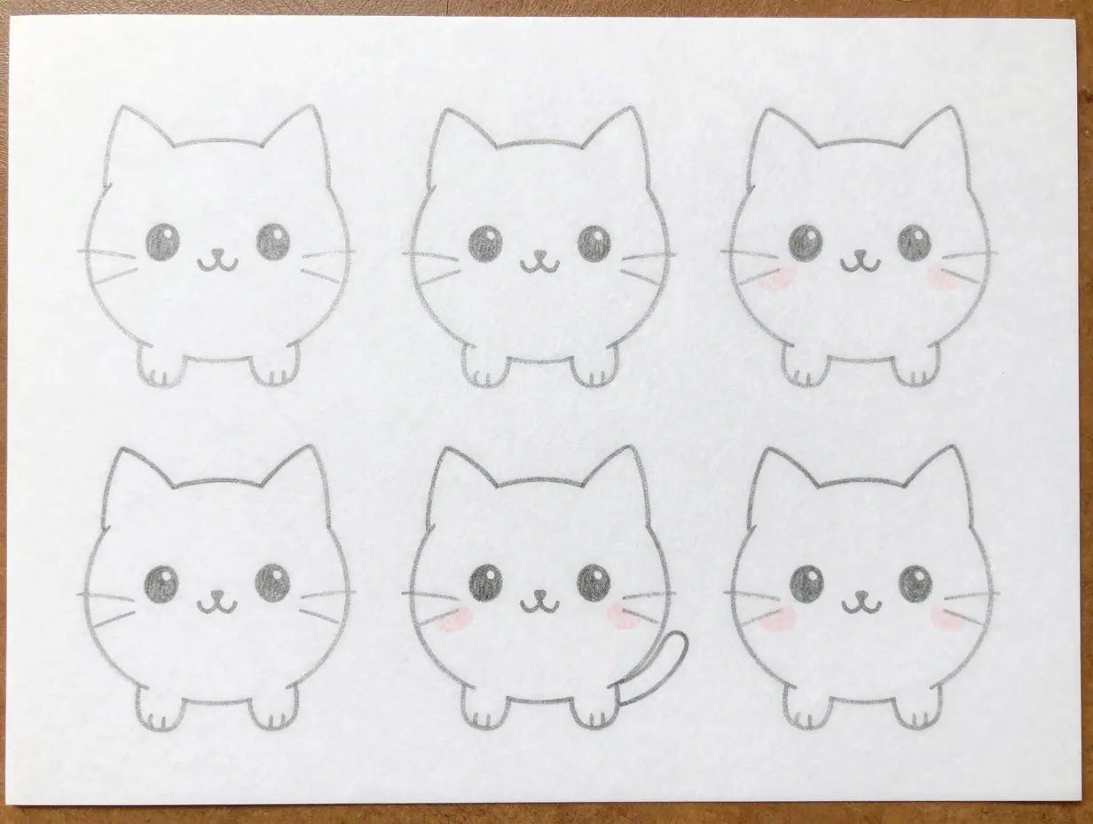 Cute cartoon cat with triangle ears on paper drawing steps