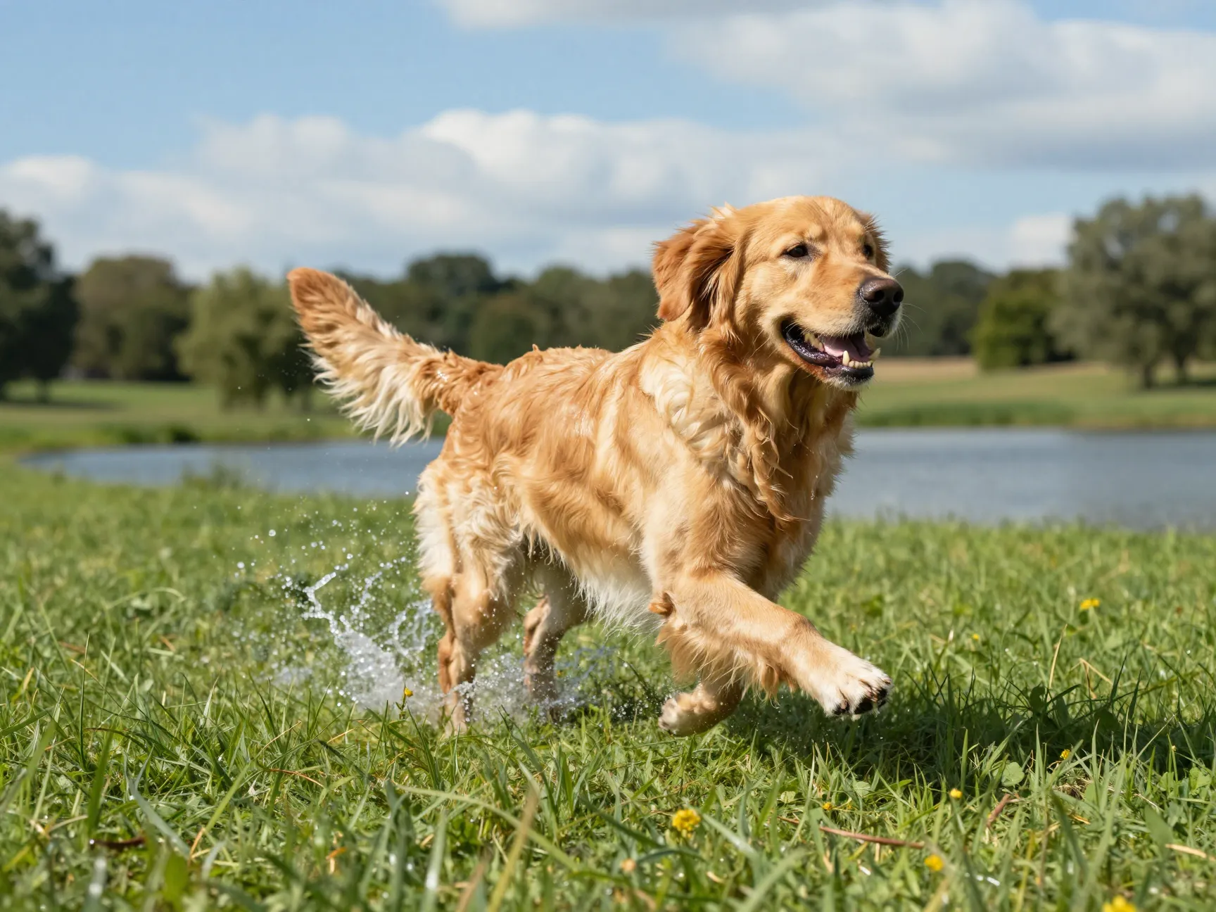 Golden retriever energetically running and swimming in a sunny outdoor field