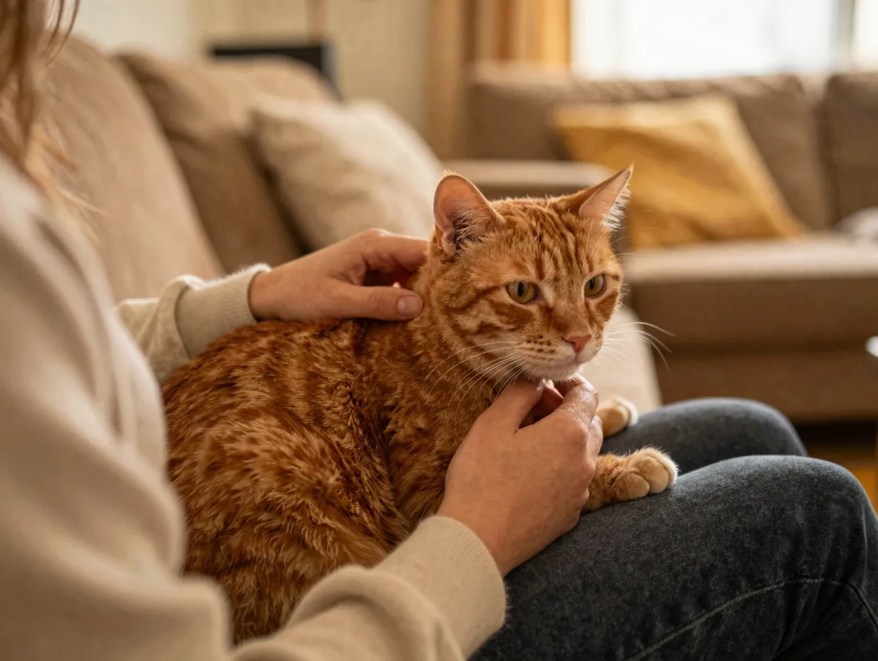 Orange cat sitting on owners lap in cozy living room at home