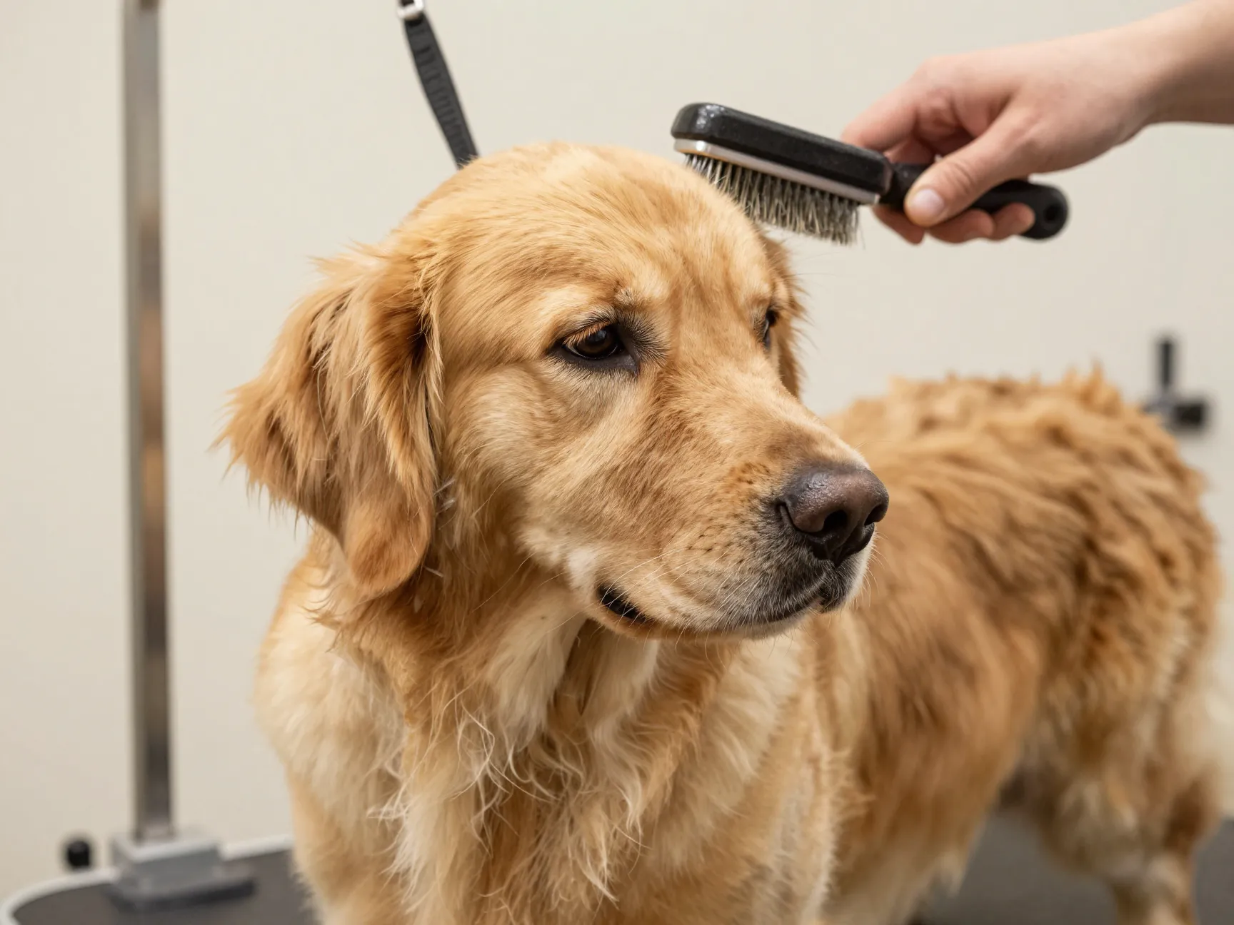 Golden retriever being meticulously groomed with brush on grooming table