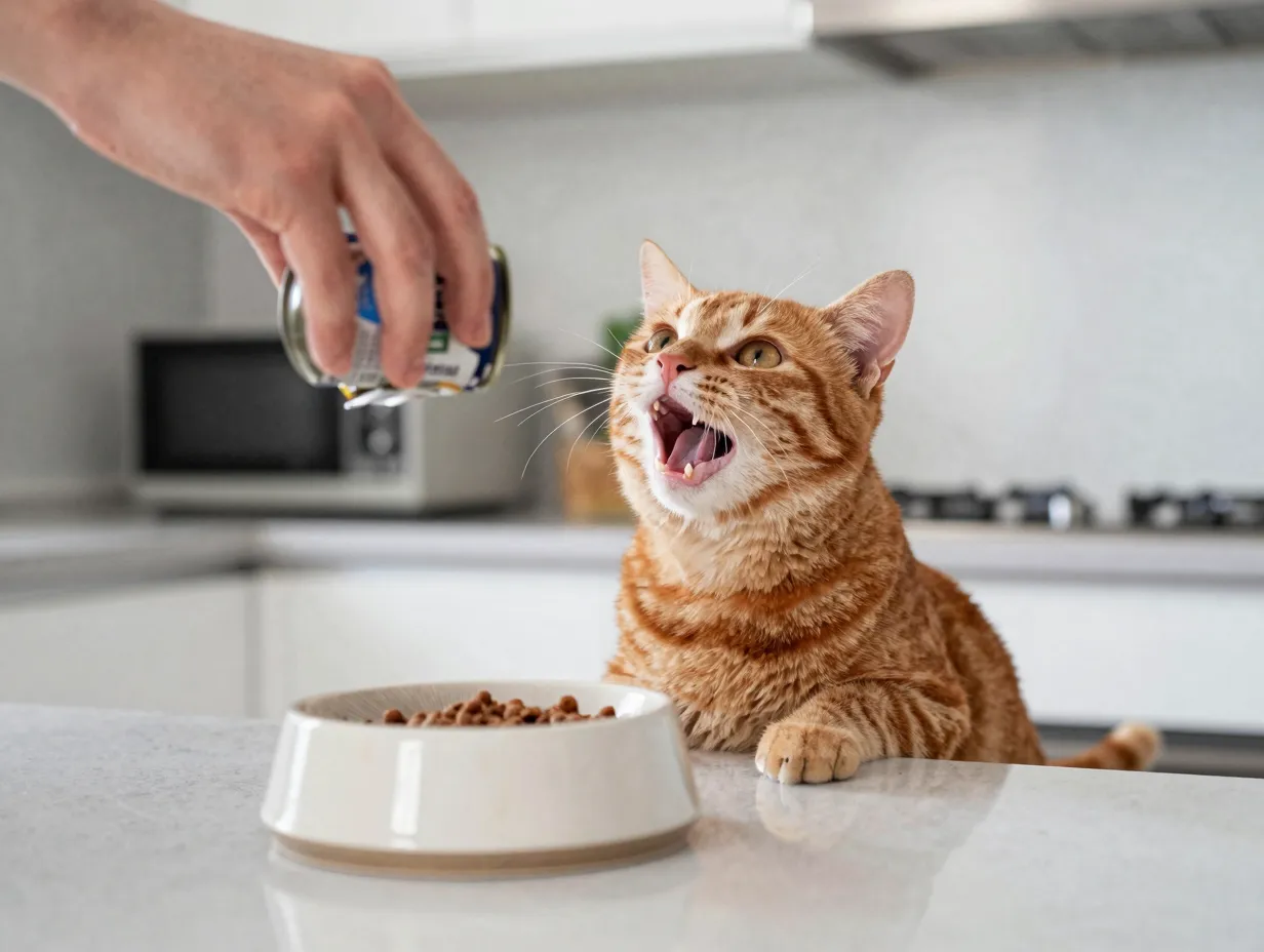 Orange cat looking up at owner and meowing in kitchen
