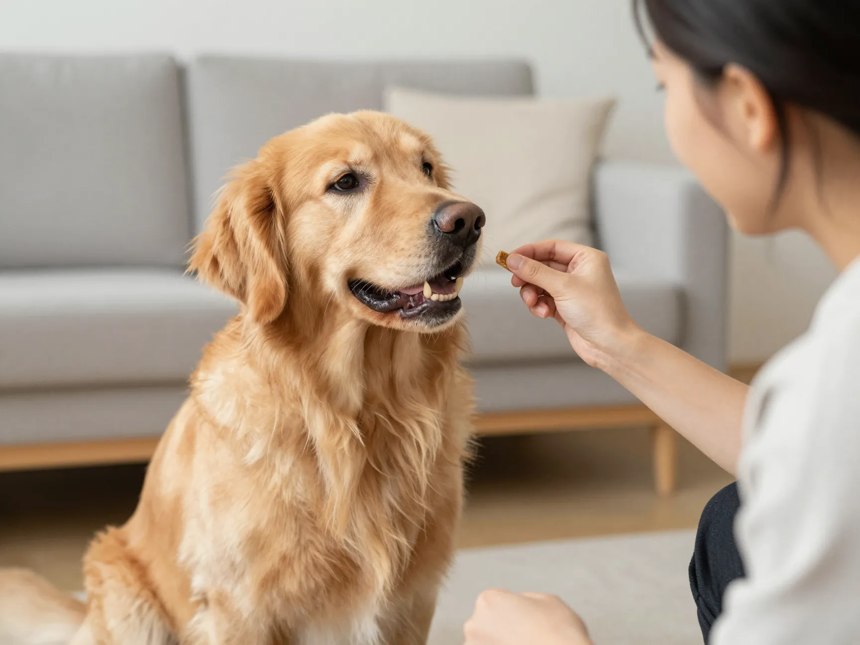 Attententive golden retriever learning commands during positive reinforcement training