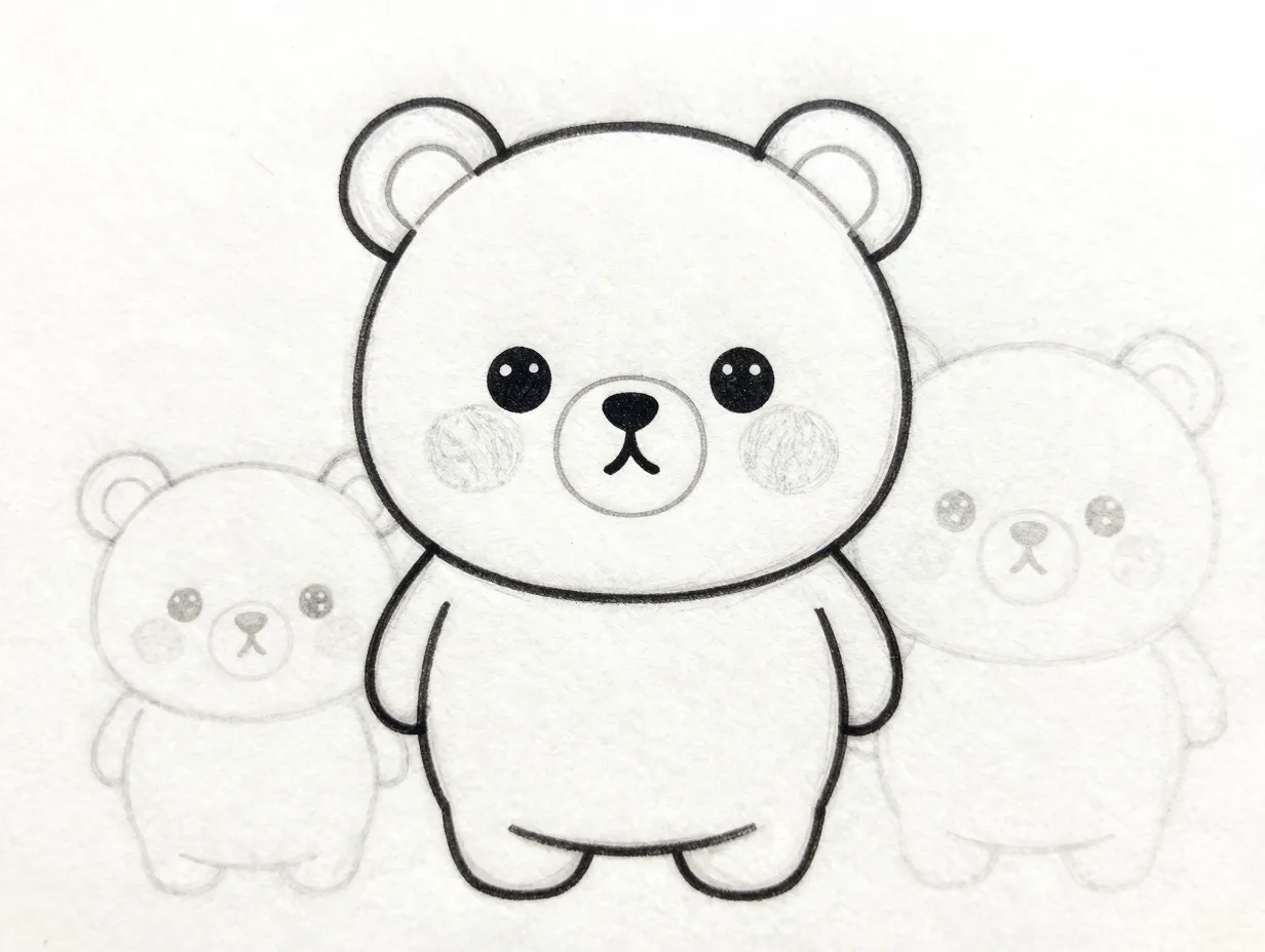 Chubby kawaii bear with semicircle ears and round muzzle