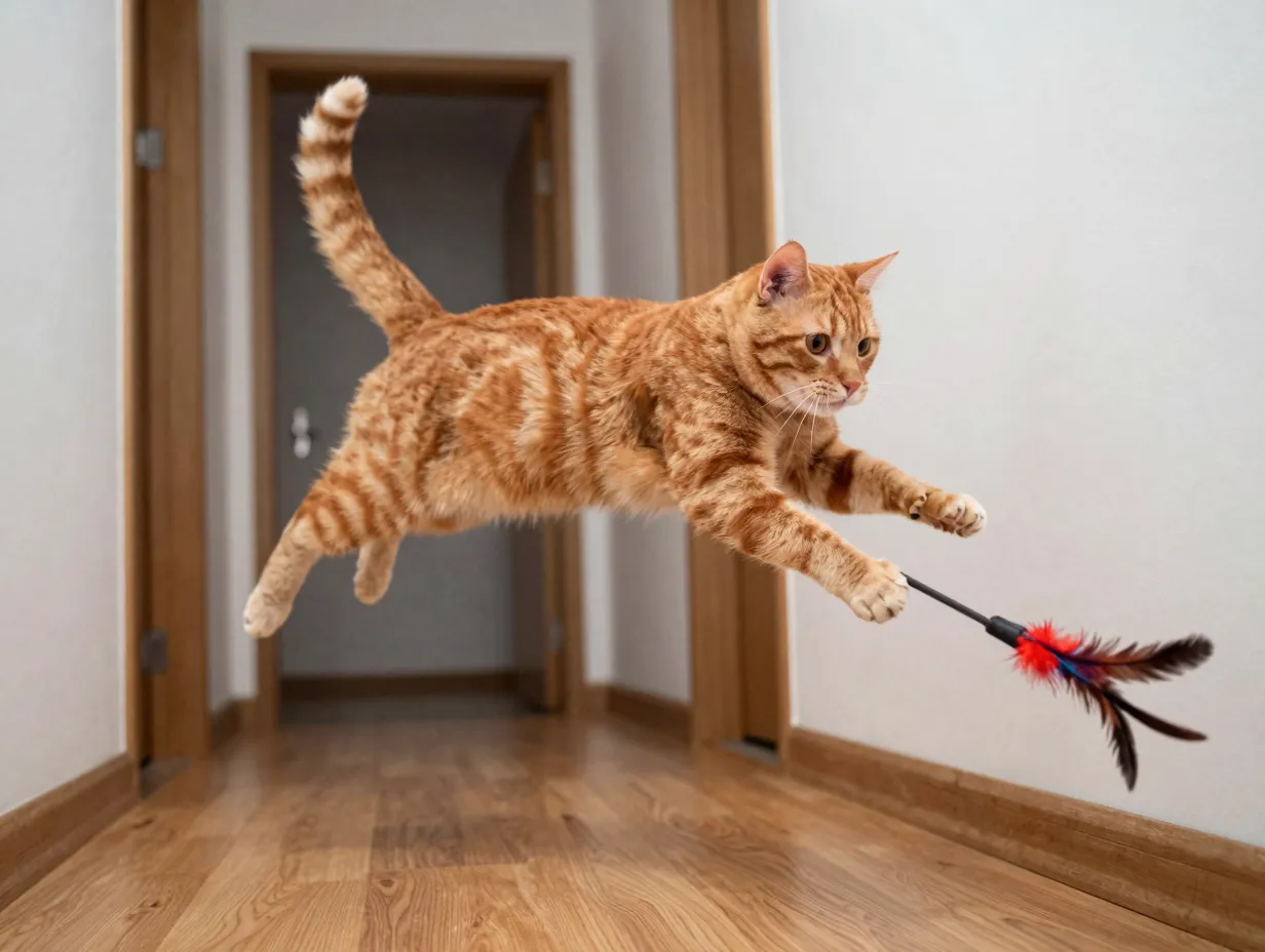 Ginger cat leaping through hallway after play session