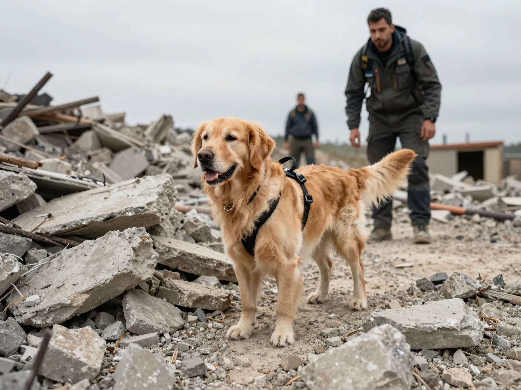 Golden retriever search and rescue dog working diligently in rubble terrain