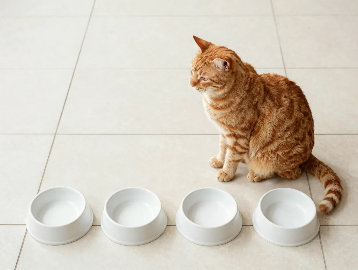Staring orange cat sitting patiently by empty food bowl