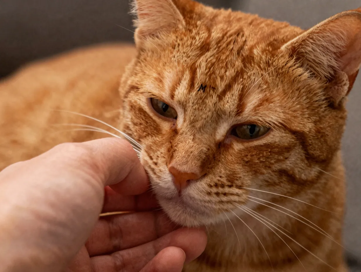 Close up of orange cat giving head bunt to owners hand
