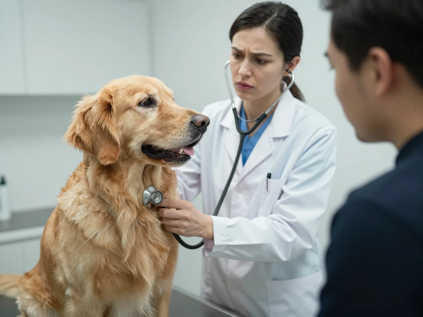 Concerned owner and golden retriever during a veterinary health checkup