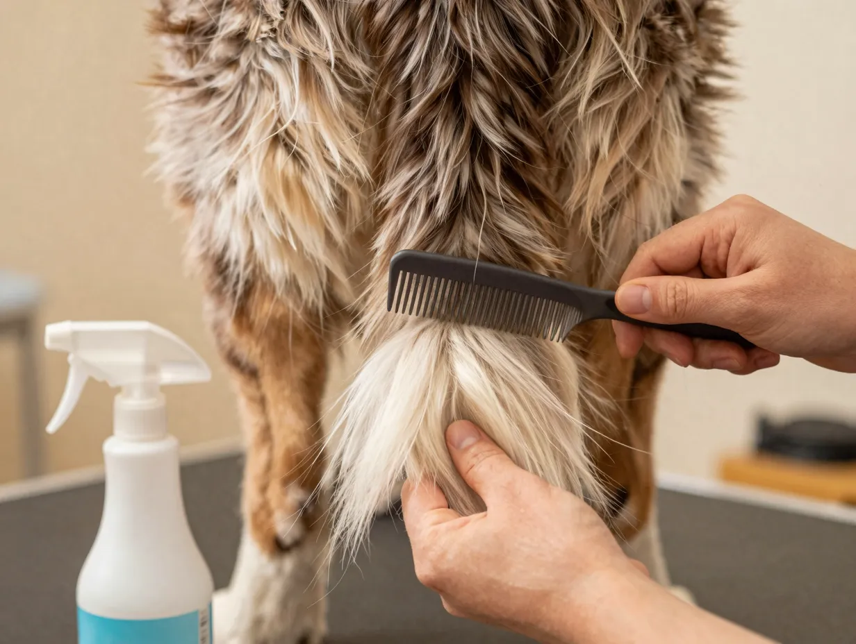 Grooming full feathered tail with wide tooth comb