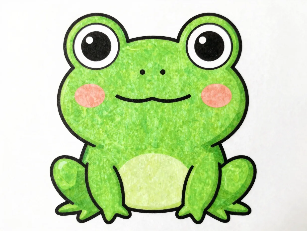 Wide faced kawaii frog with top mounted eyes and smile