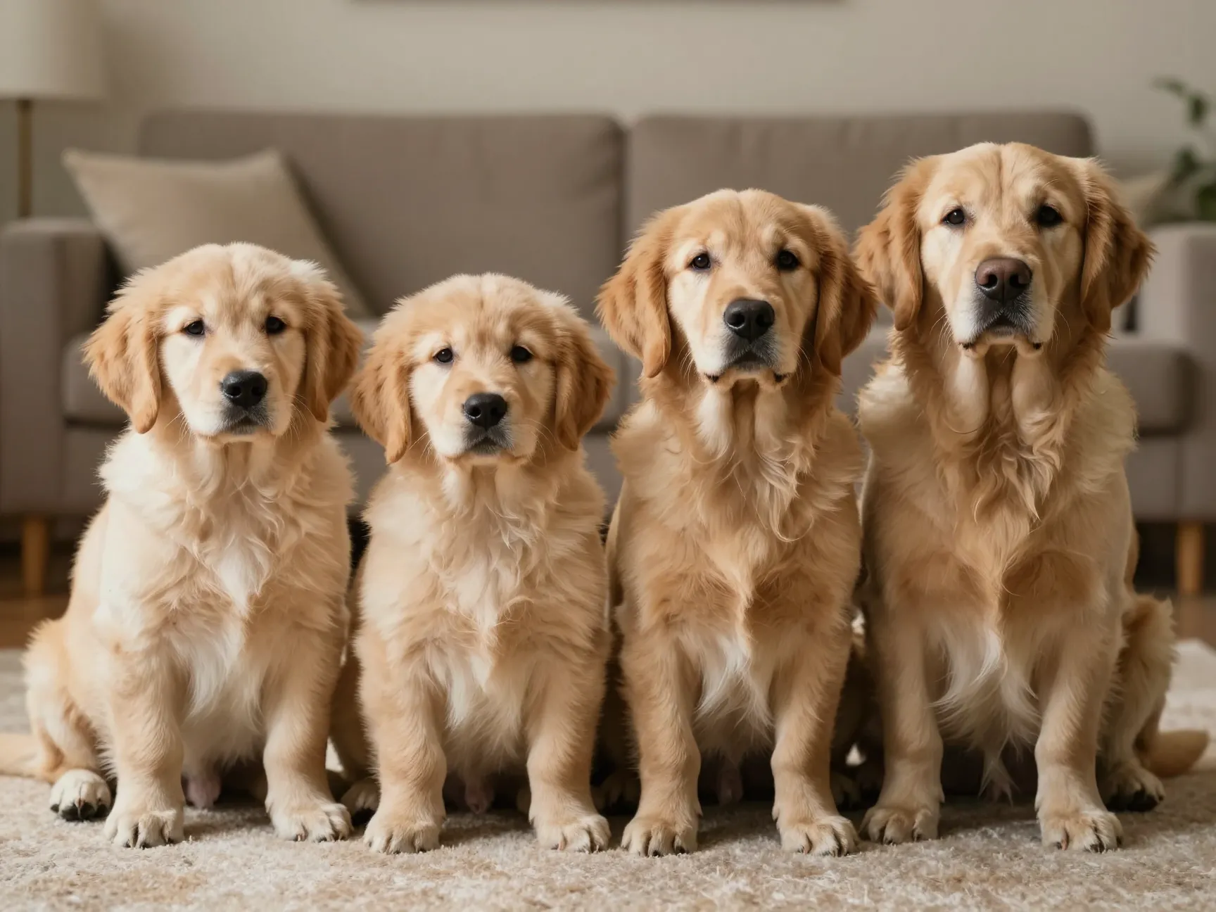 Golden retriever puppy and senior dog together representing full lifespan