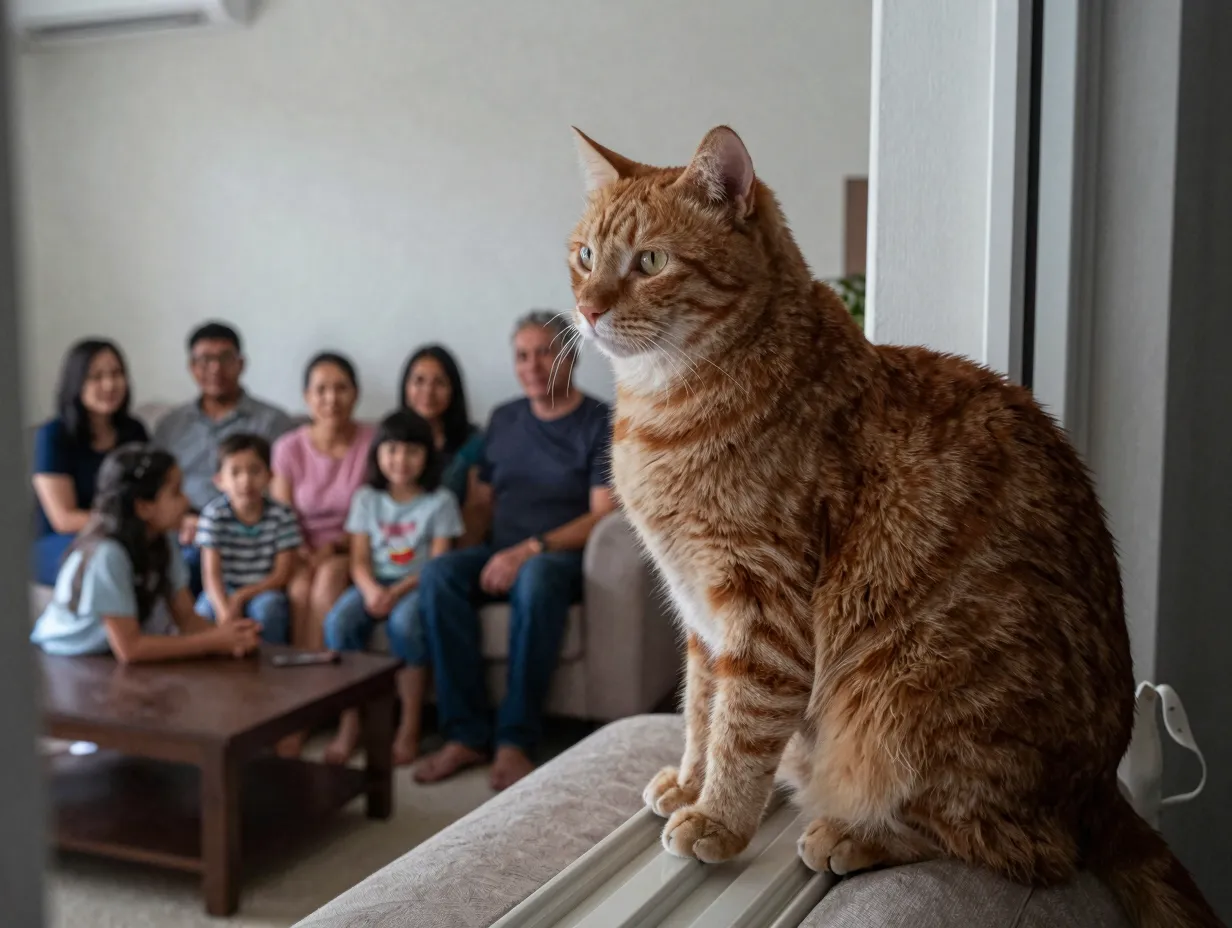 Orange female cat sitting apart watching the family quietly
