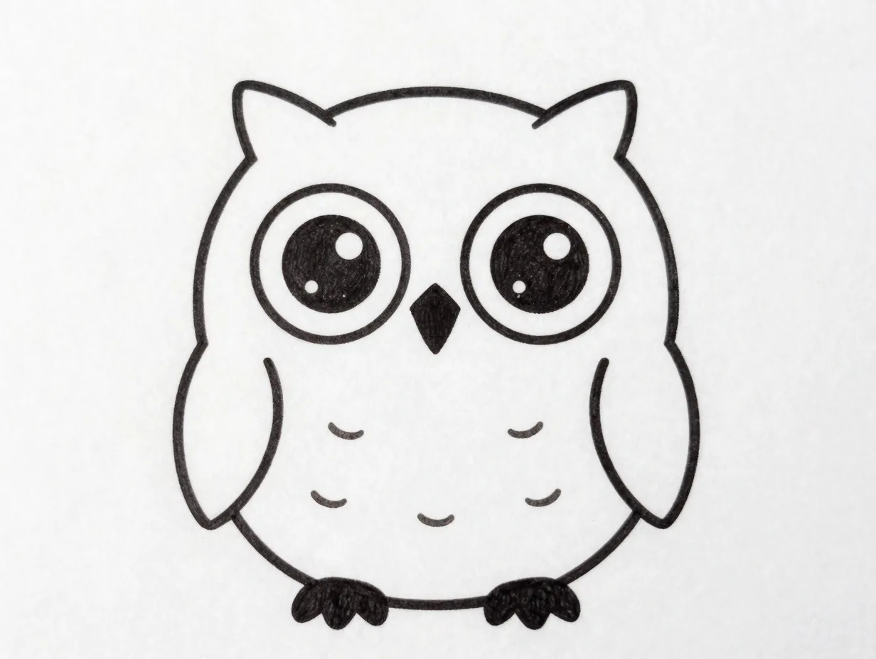 Round kawaii owl with huge eyes and triangular ear tufts