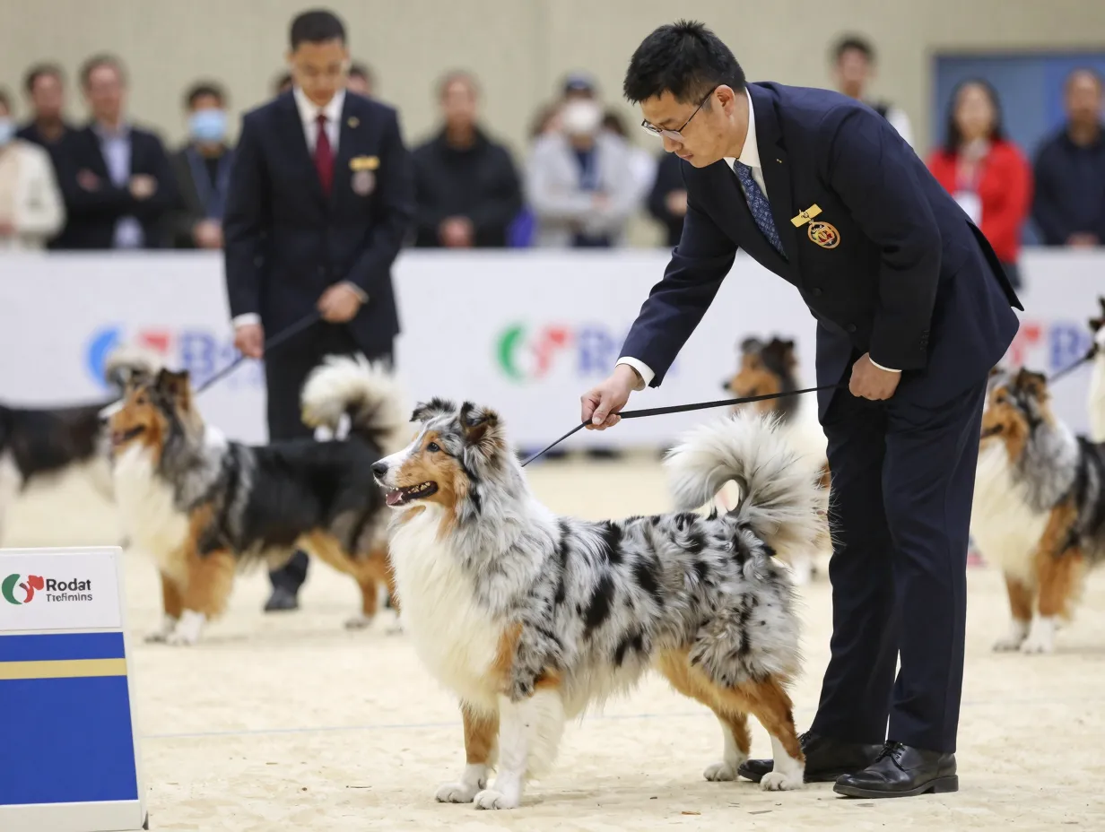 Dog show judge evaluating full tailed australian shepherd