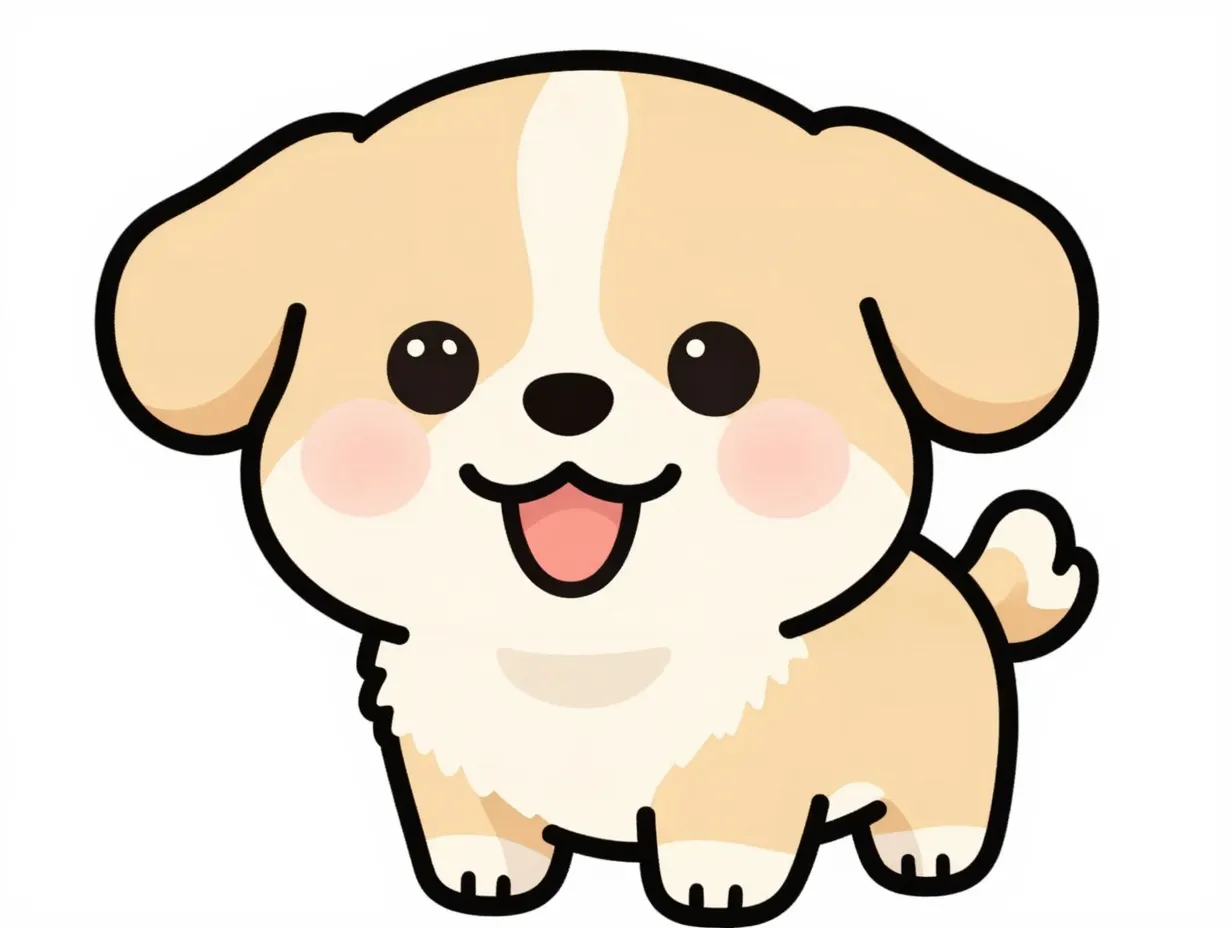 Floppy eared kawaii dog with tongue and wagging tail