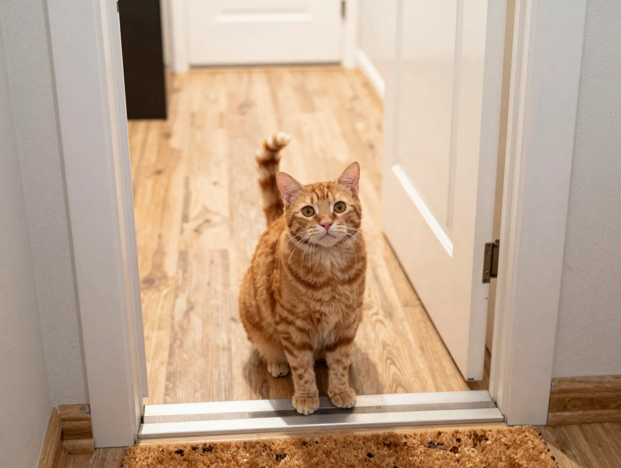 Friendly orange cat greeting new person at front door