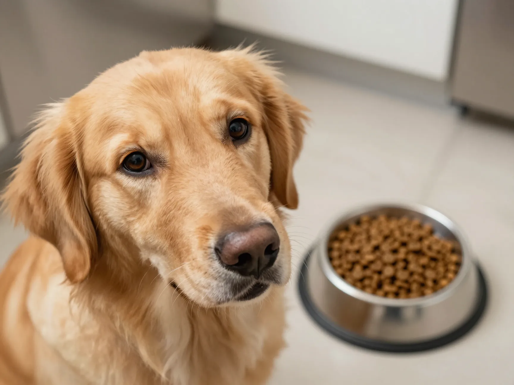 Golden retriever staring longingly at a carefully measured bowl of dog food