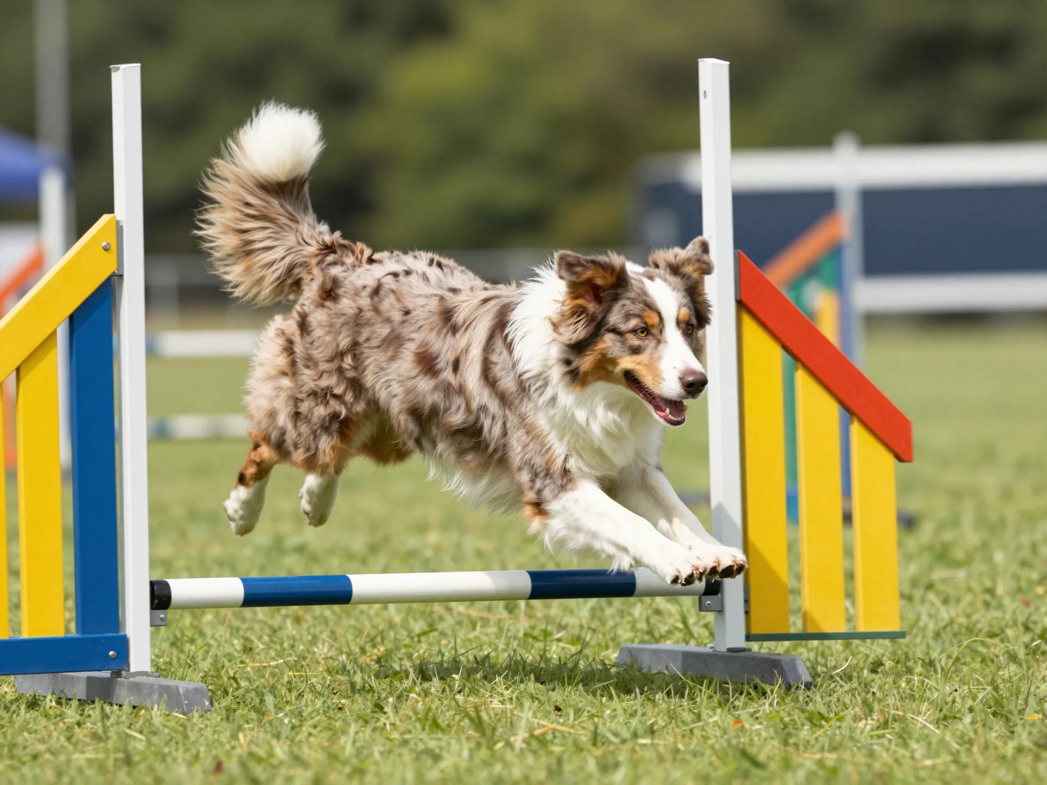 Full tailed australian shepherd jumping agility course
