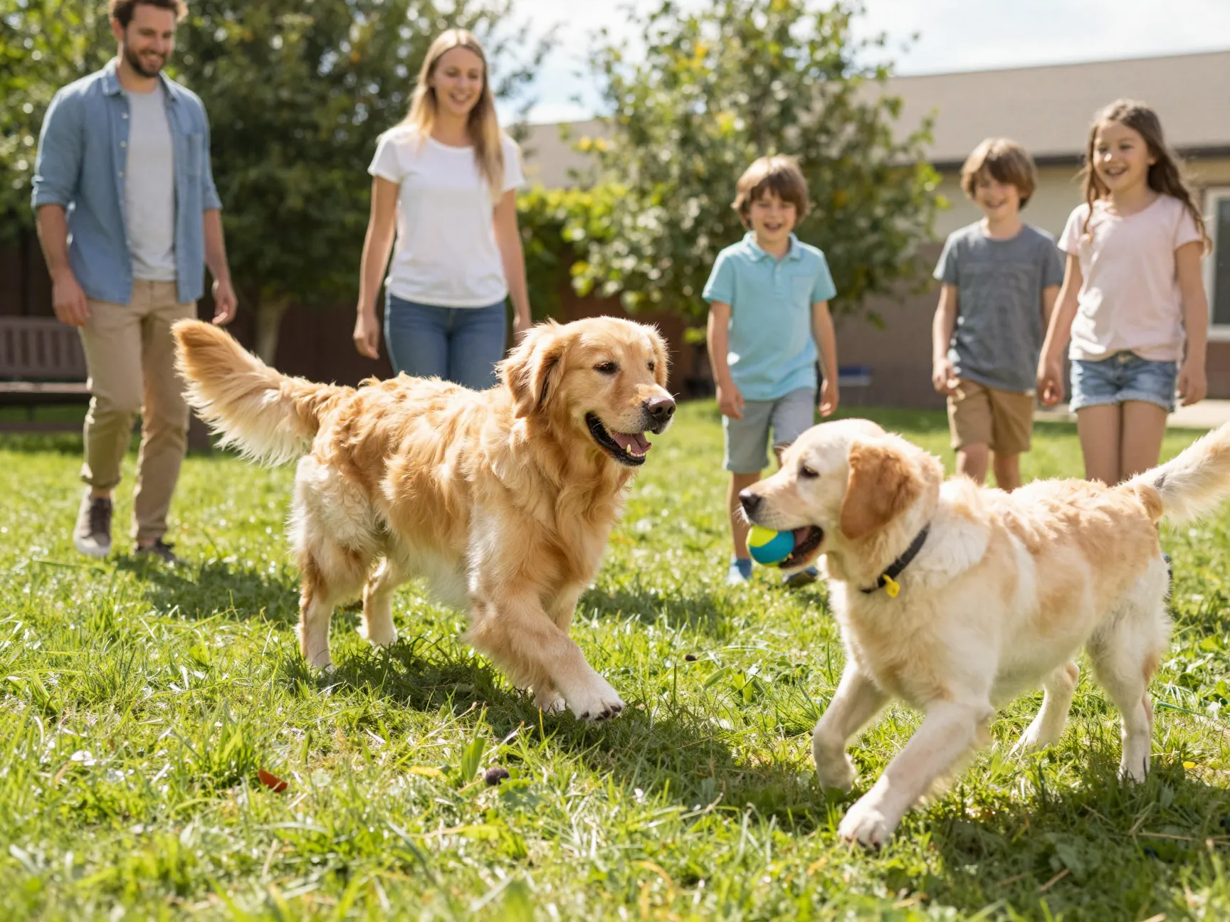 Joyful golden retriever playing happily with a child and another dog