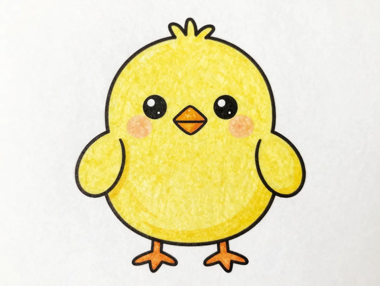 Simple yellow kawaii chick with diamond beak and stick legs