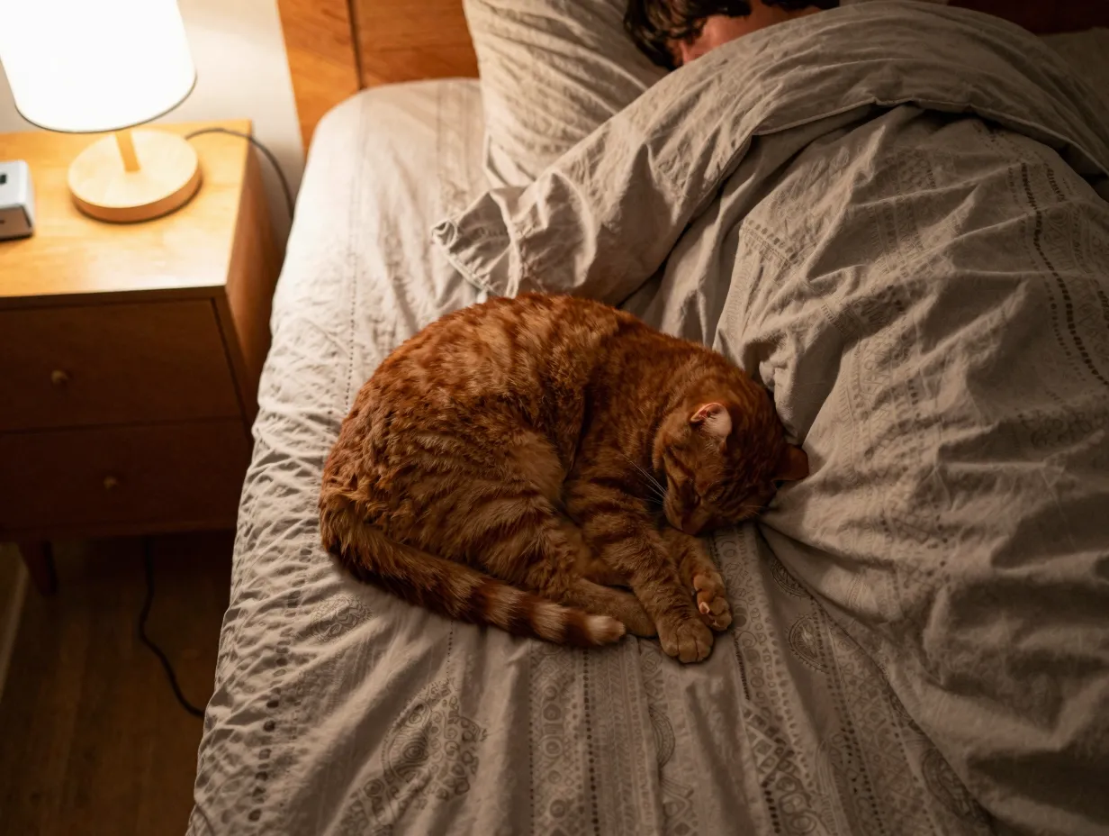 Orange cat sleeping on owners bed at night