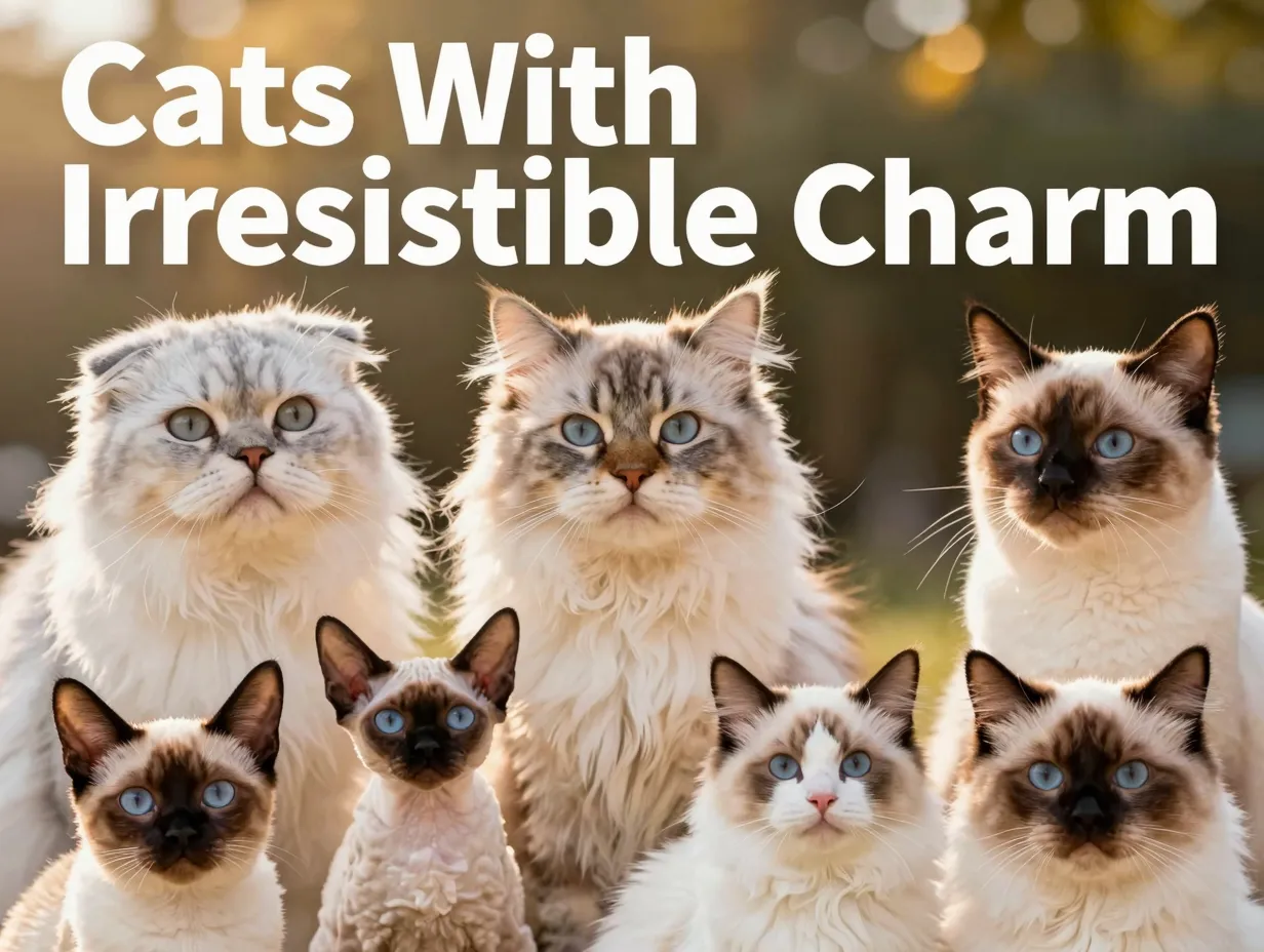 Collage nine distinct cute cat faces warm golden hour lighting