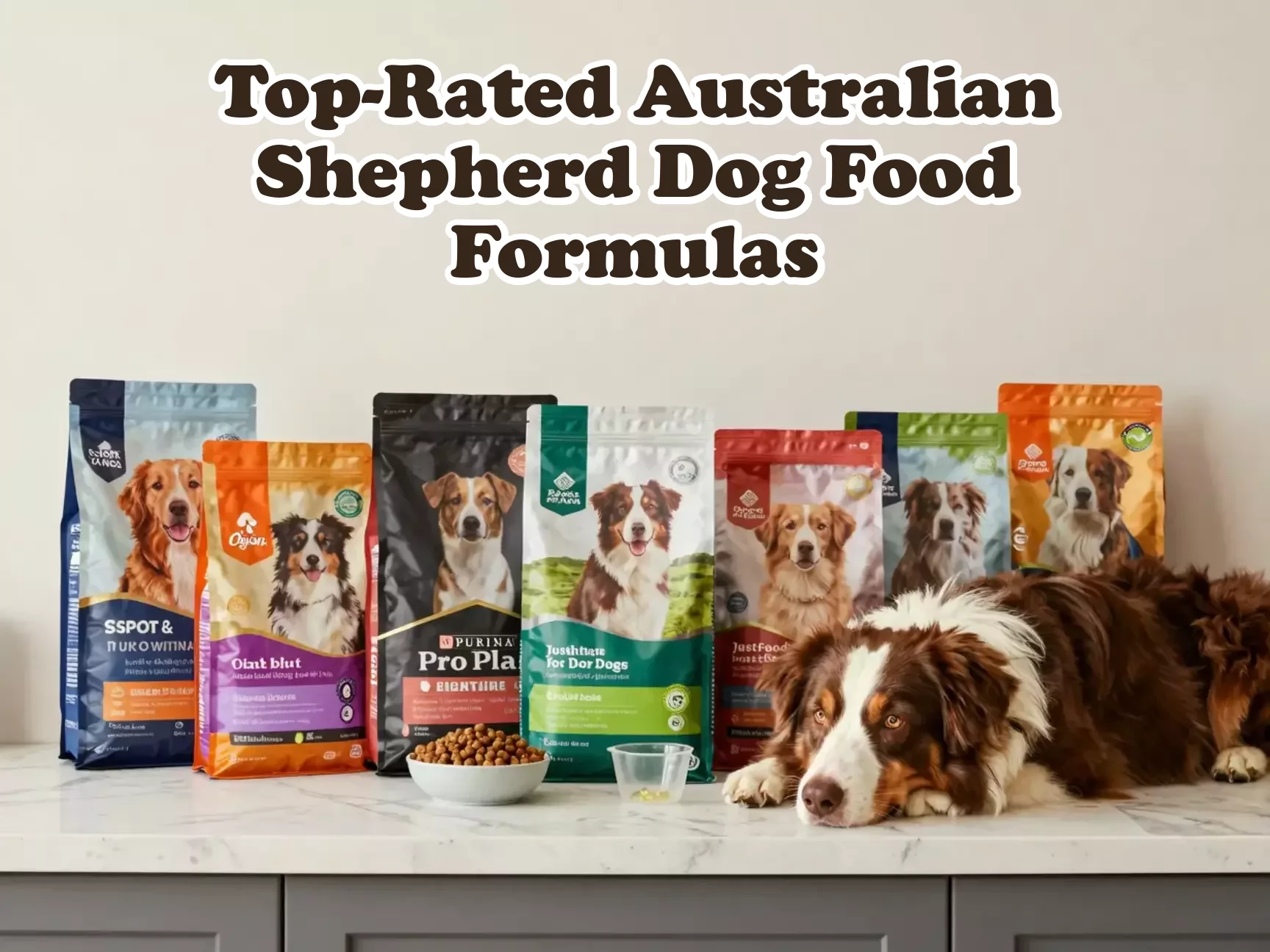 Eight dog food bags aussie head kibble bowl oil droplets flatlay main