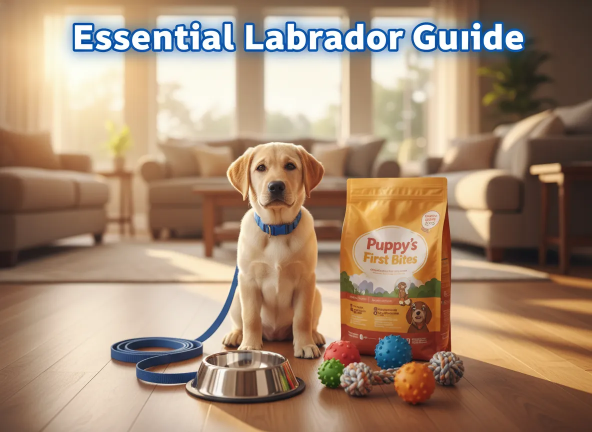 New labrador puppy with collar supplies on wooden floor home ready