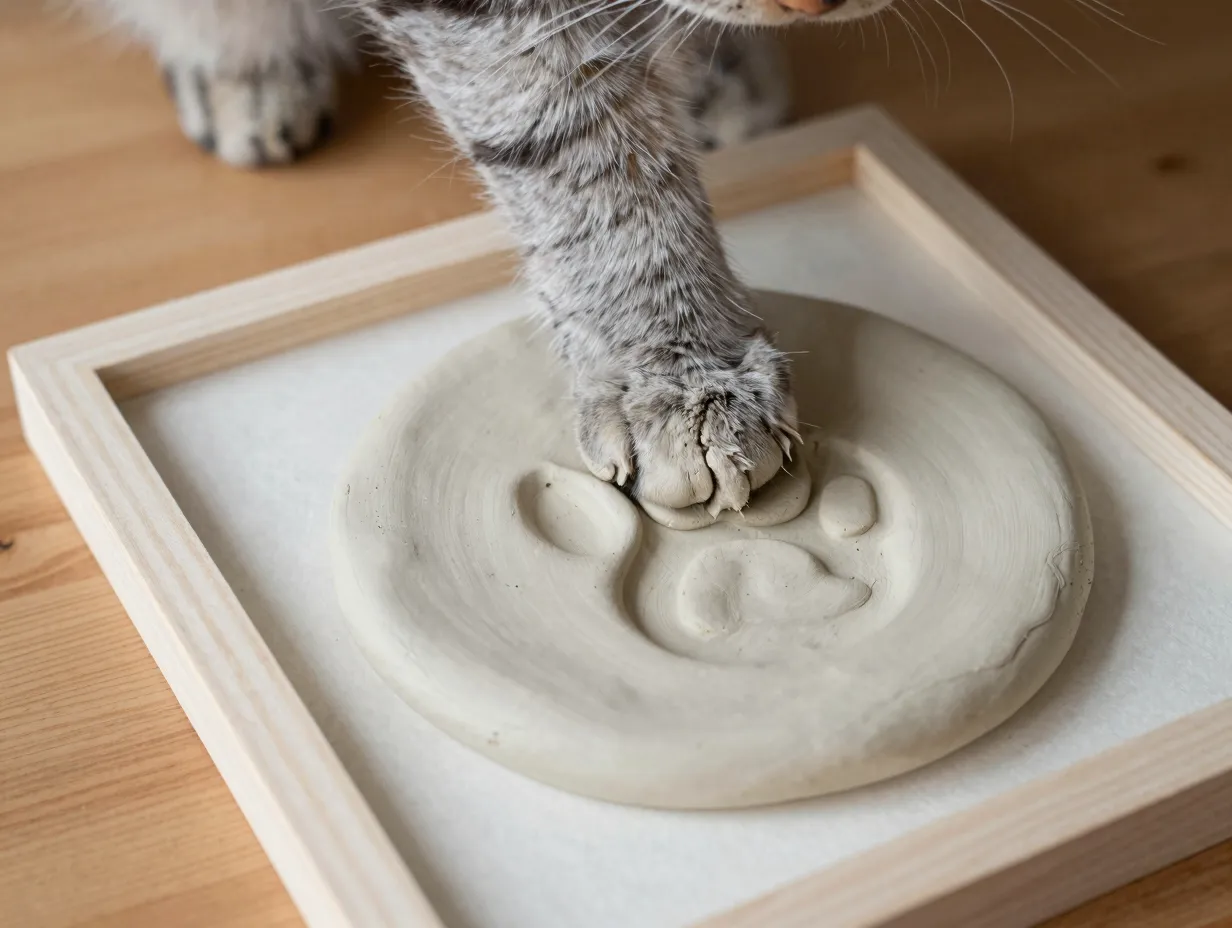 Close up of gentle cat paw pressed into soft clay on table