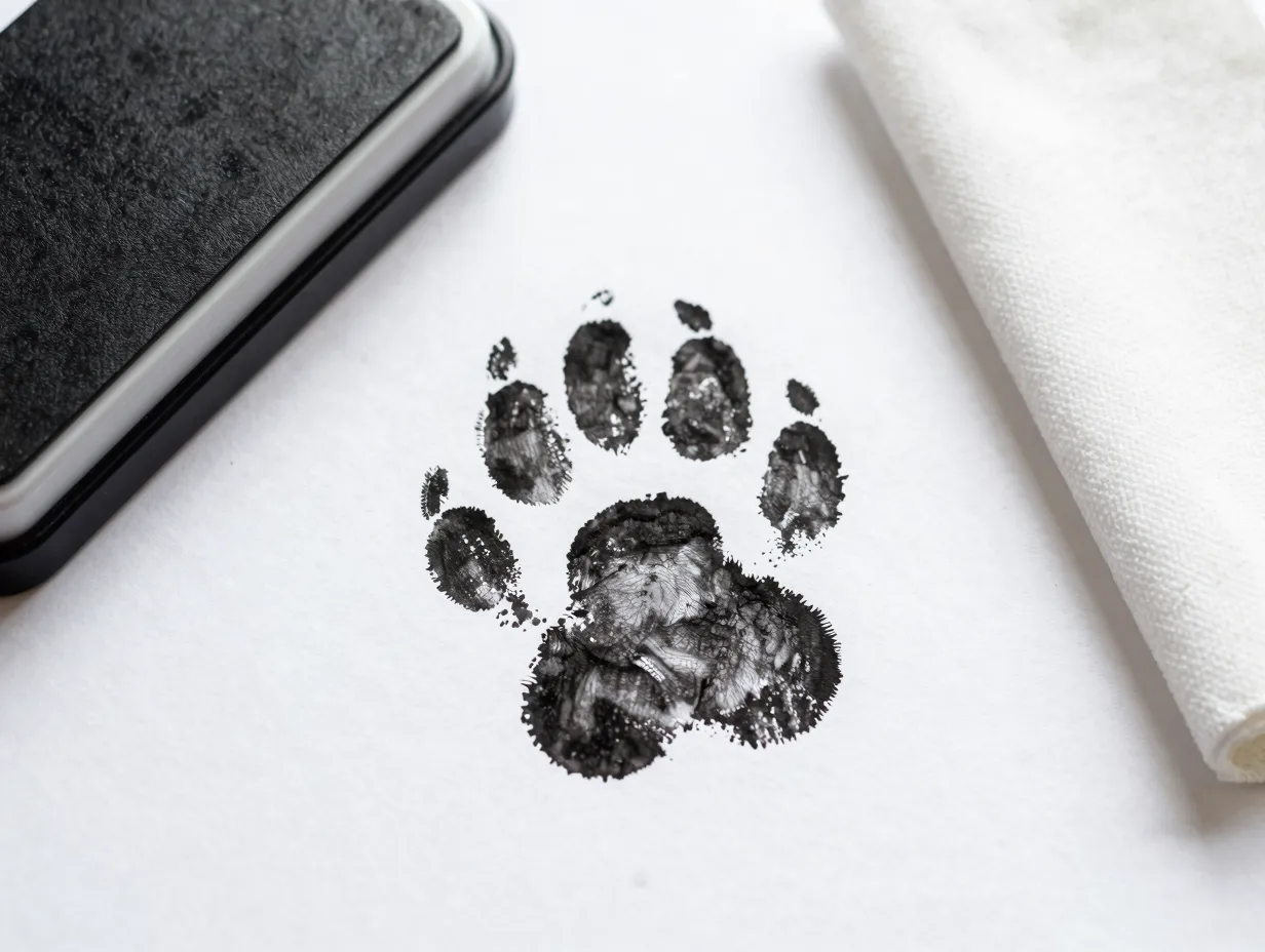 Detailed ink paw print on white paper with clean touch ink pad