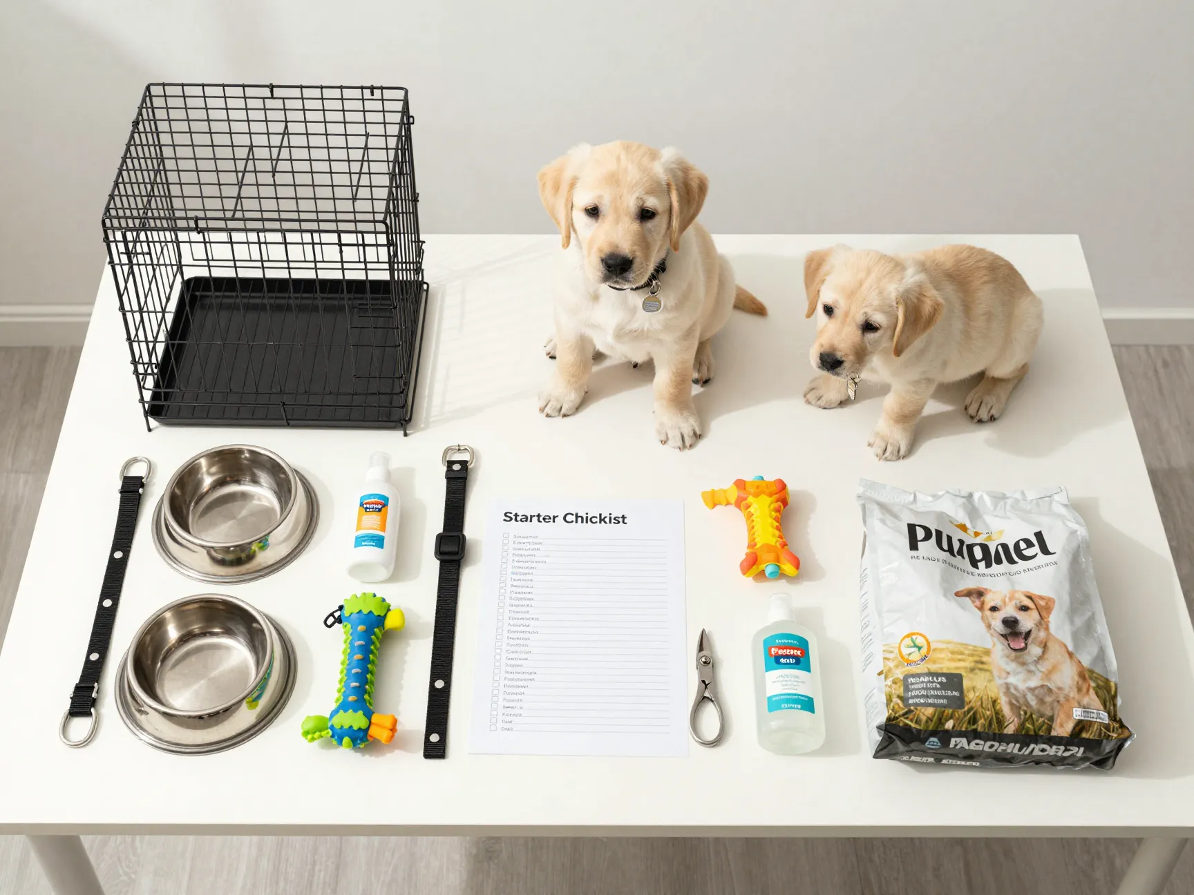 Labrador puppy starter checklist supplies on a table