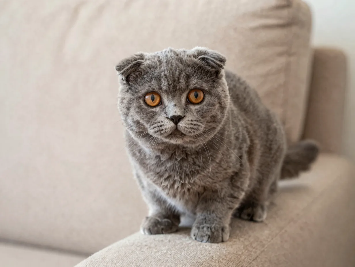 Scottish fold kitten with folded ears and round eyes on couch