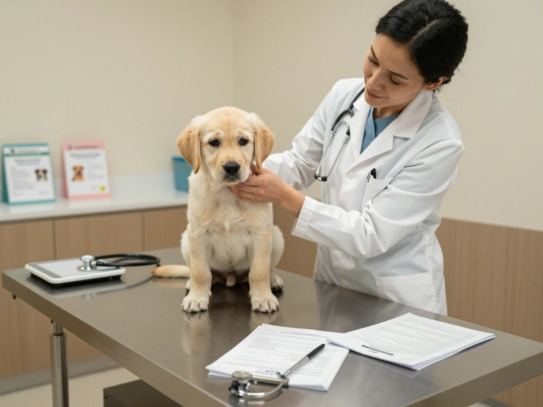 Labrador puppy and veterinarian during first wellness visit